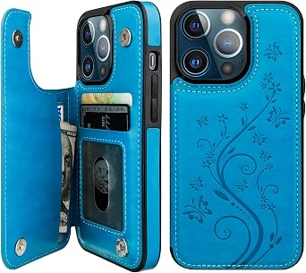 Vaburs Compatible with iPhone 13 Pro Case Wallet with Card Holder, Embossed Butterfly Pattern PU Leather Double Buttons Flip Shockproof Protective Cover for Magnetic Car Mount 6.1 Inch Blue