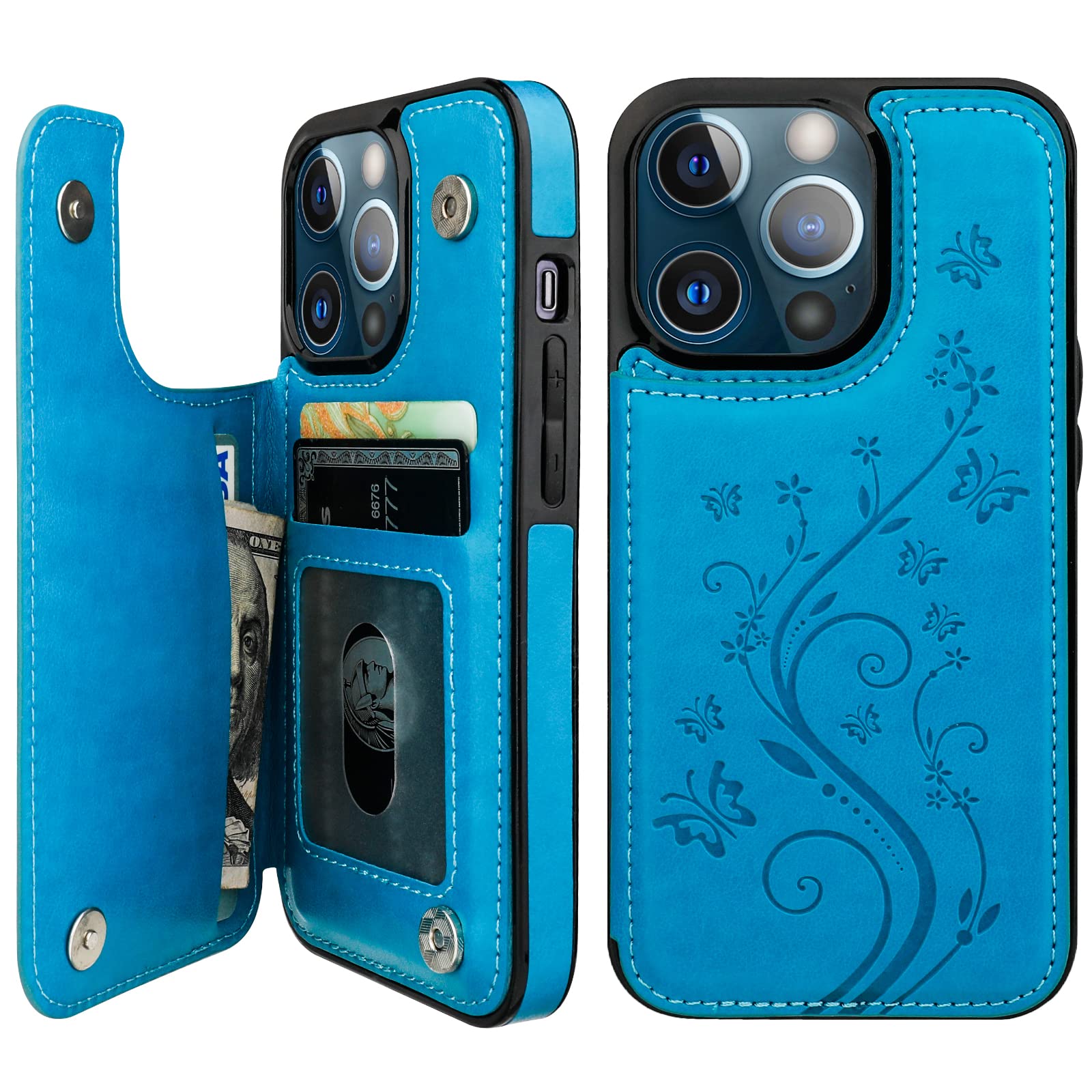 Vaburs Compatible with iPhone 13 Pro Case Wallet with Card Holder, Embossed Butterfly Pattern PU Leather Double Buttons Flip Shockproof Protective Cover for Magnetic Car Mount 6.1 Inch (Blue)