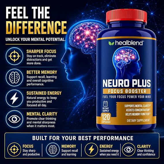 healblend Neuro Plus Focus Booster - Advanced Brain Support Supplement with Vitamin B6, B12, Folate - Improves Memory, Concentration, Mental Clarity & Cognitive Function 120 Capsules