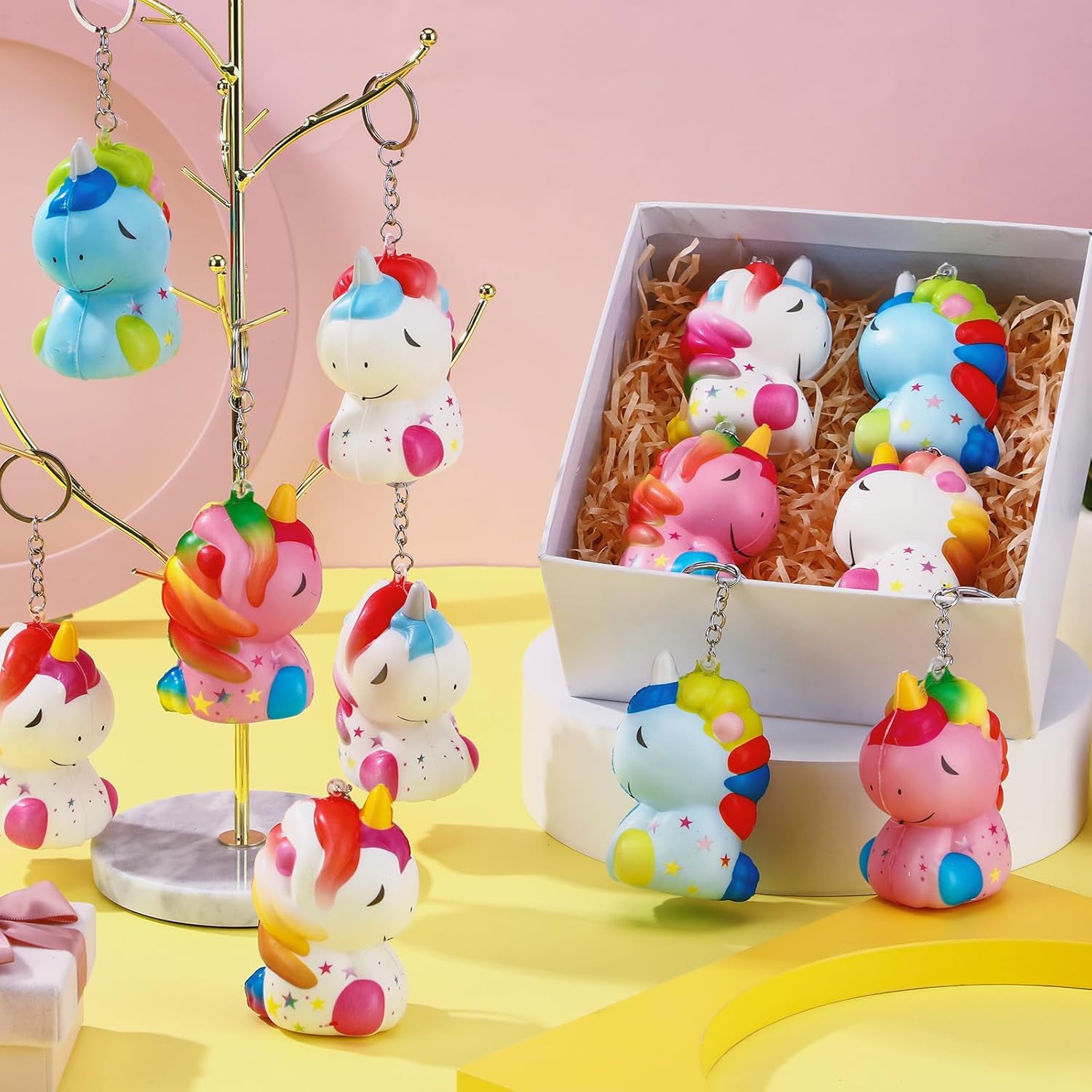 Hollowfly 12 Pcs Unicorn Stress Balls Keychains Unicorn Party Favors Cute Inspirational Animal Squeeze Stress Relief Toys for Teachers Students Employees Coworkers Appreciation Birthday Exchange Gifts