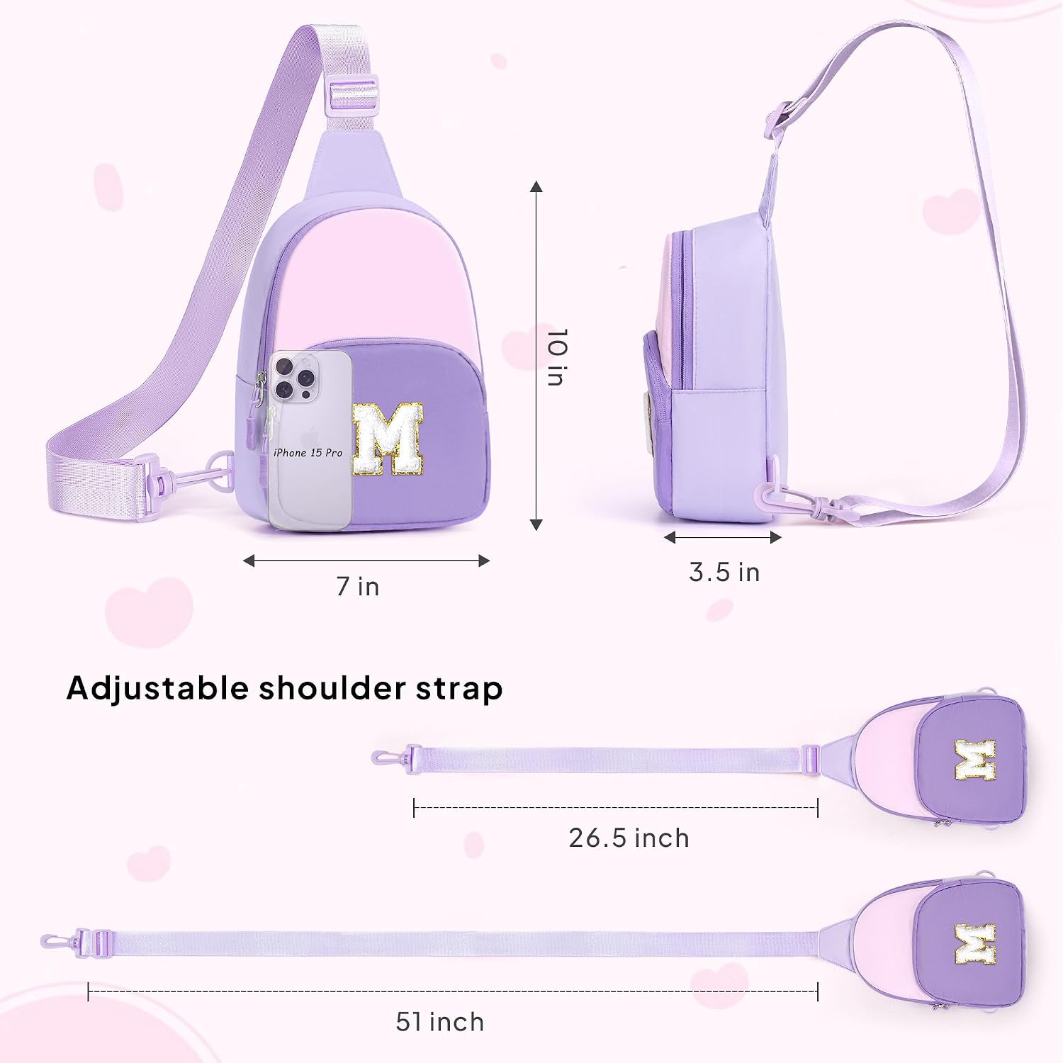 YOOLIFE Birthday Gifts Girls Kids Personalized Initial Sling Bag, Pink V image 5