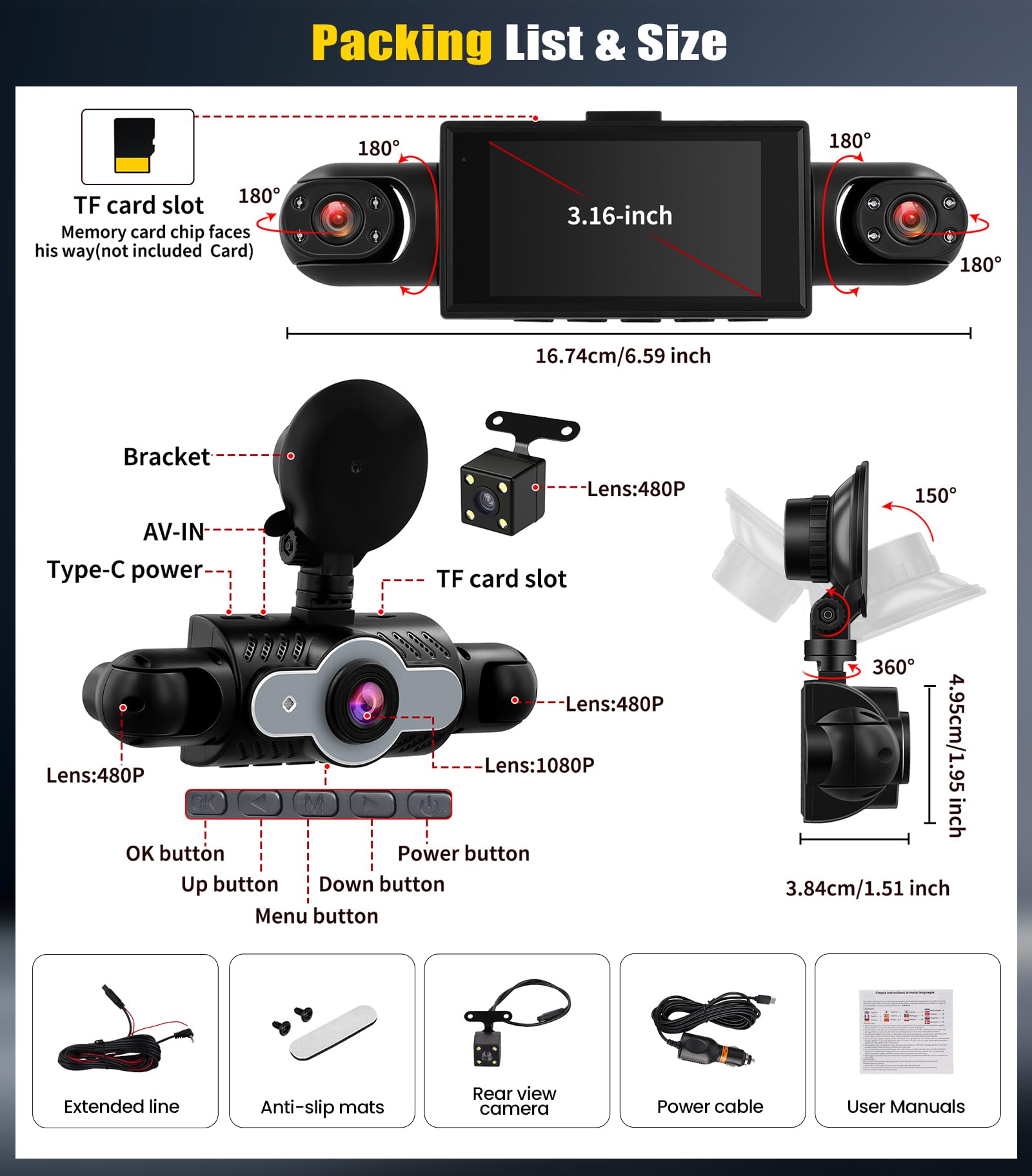 4 Canali 360° Dash Cam Auto, Telecamera per Auto da 3 Pollici 1080P con Visione Notturna, Video in Loop, 24H Parcheggio Monitor, Ausilio al parcheggio
