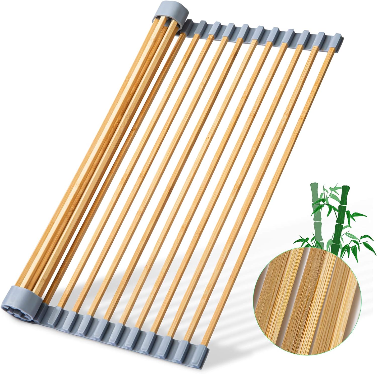 Freshmage [ Upgraded Roll up Dish Drying Rack, Double Protected Bamboo Foldable Dish Drying Rack Over The Sink Dish Drying Rack Kitchen Gadgets for Air-Drying Fruits, Bowls, Pot (17.5 × 13.5 inches)