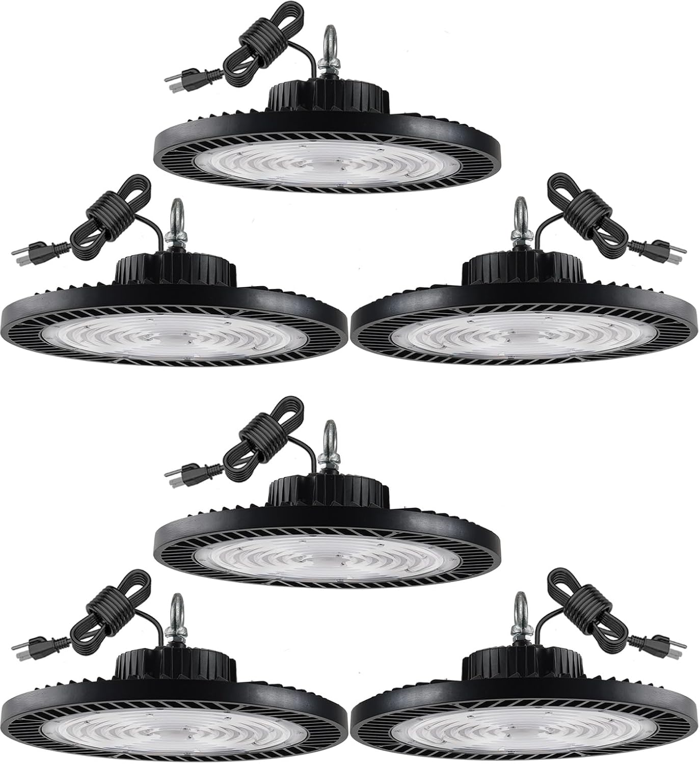Fiqevs UFO High Bay Lights 350W 5000K 52000LM, High Bay Shop Lights 6 Packs AC100-277V with Plug 5' Cable, LED Warehouse High Bay Light for Garage Shop Factory Warehouse