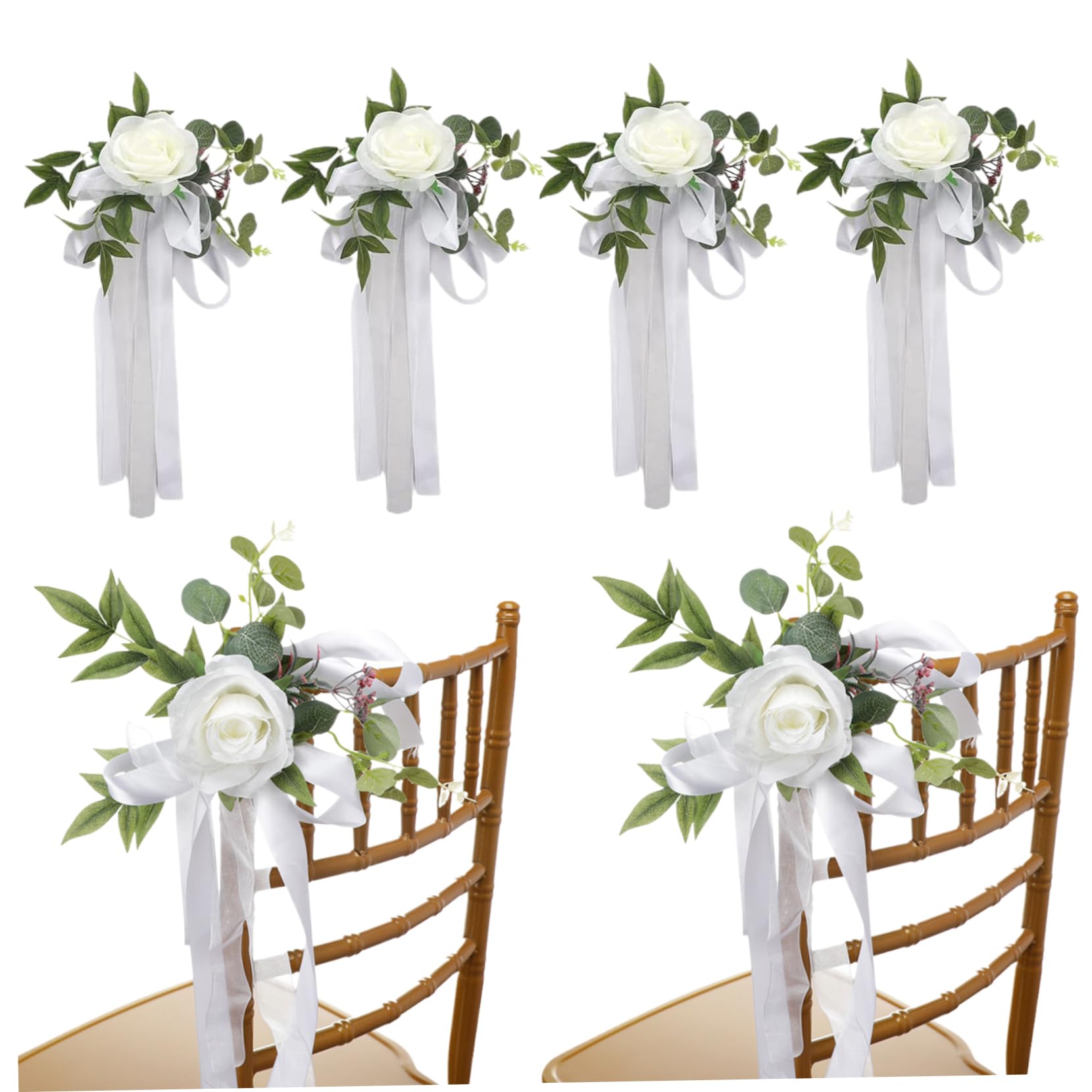 Xoeryoy 6Pcs Wedding Aisle Decor Rose Wedding Flowers Decorations Pew Flowers with Leaves and Ribbons Artificial for Ceremony Party Chair Church Bench White