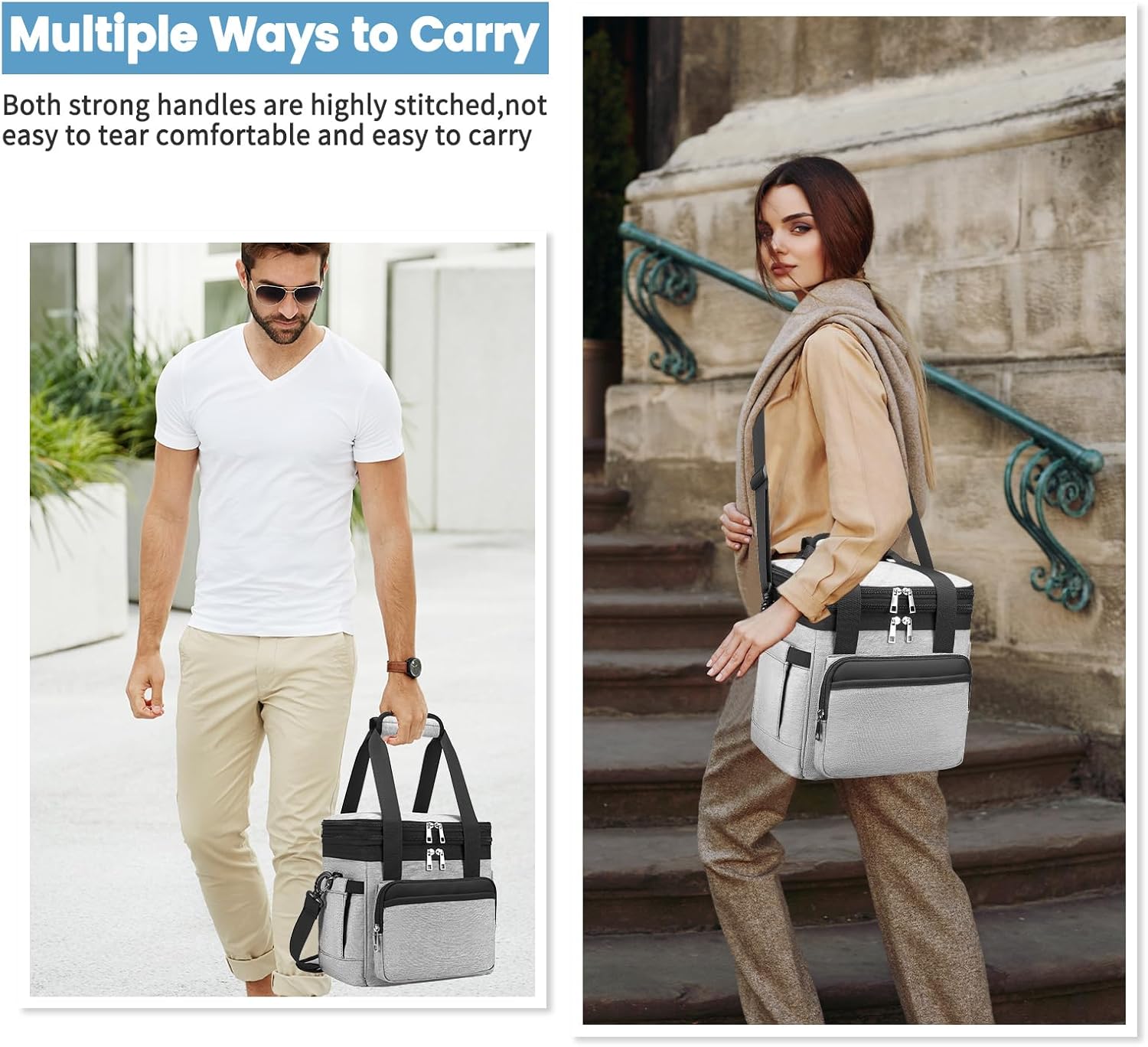 Insulated Lunch Bag & Lunch Box for Men - Double Deck Reusable Lunch Bag for Women Tote Cooler Bag Leakproof Soft Expandable - Large Lunchbox for Work/Adult/Picnic/Outdoor (Gray,15L) - Image 2