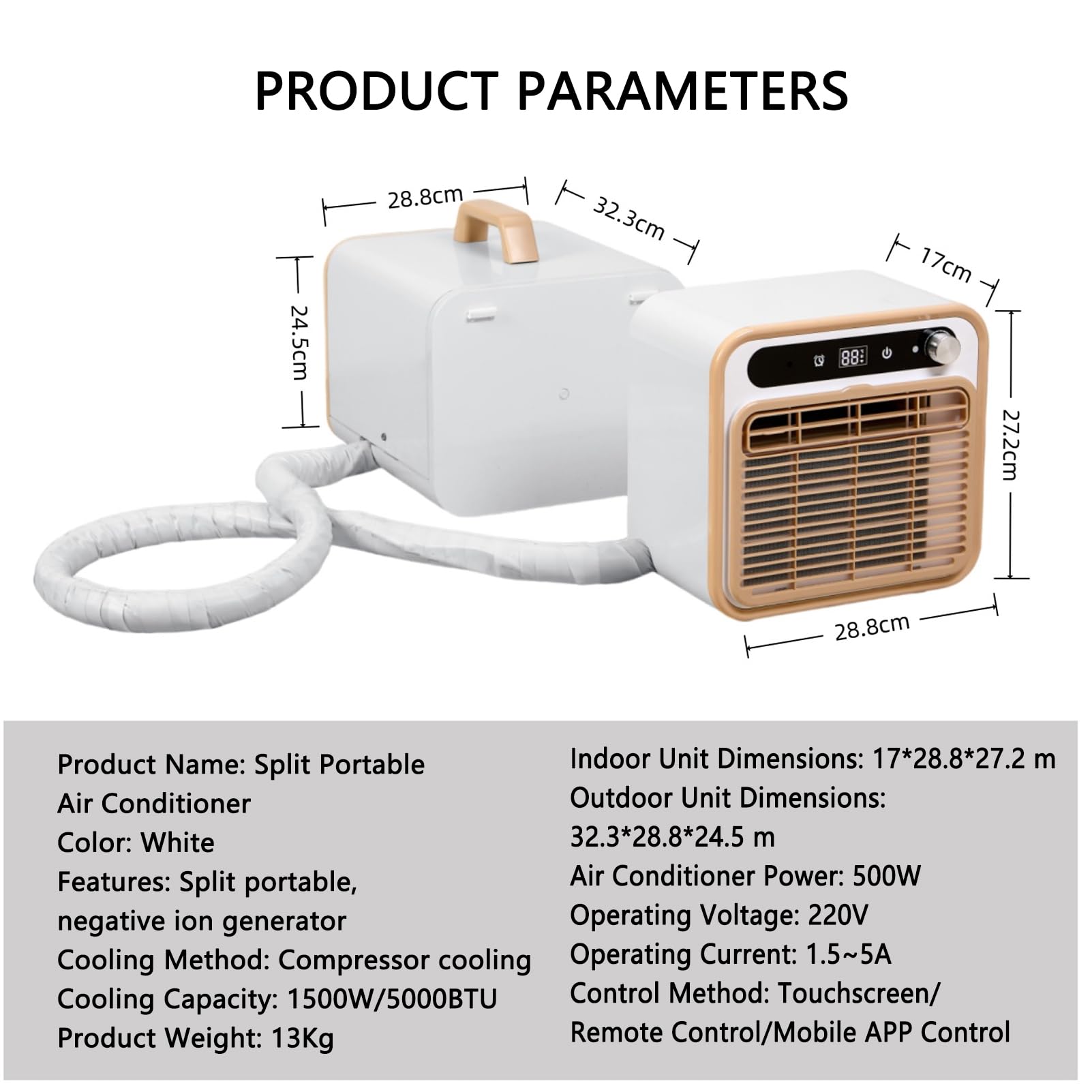 Przenośny Klimatyzator Split Design O Mocy 1500 W | Inteligentne chłodzenie 5000 BTU z przepływem powietrza 130 m3/h zdalny timer 12-godzinny do użytku na kempingu c [1.5meters]