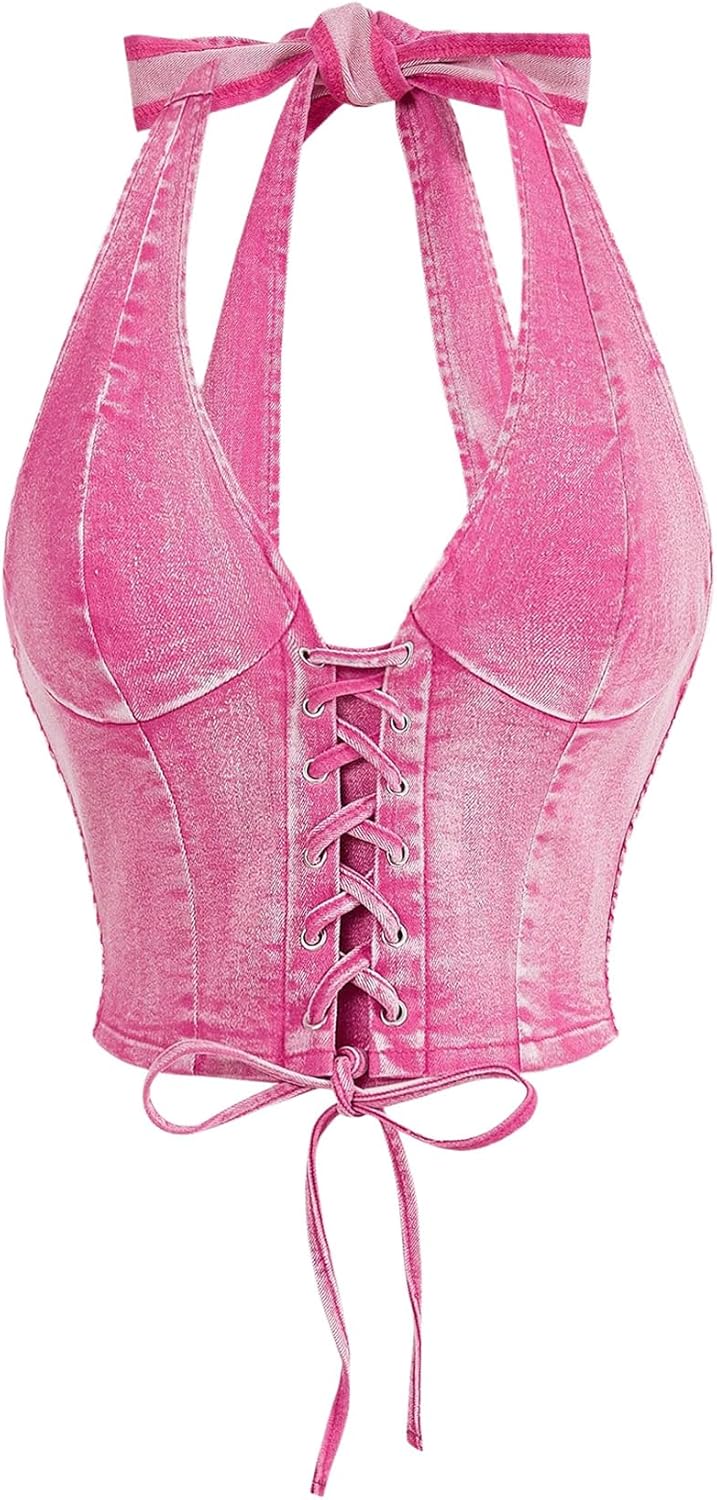 Floerns Women's Y2k Halter V Neck Backless Denim Top Shirred Lace Up Tie Back Crop Top