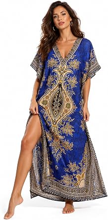 Ladies Long Kaftan, Kimono Maxi Style Dress, 100% Polyester, Swimwear Cover Up, Regular to Plus Size
