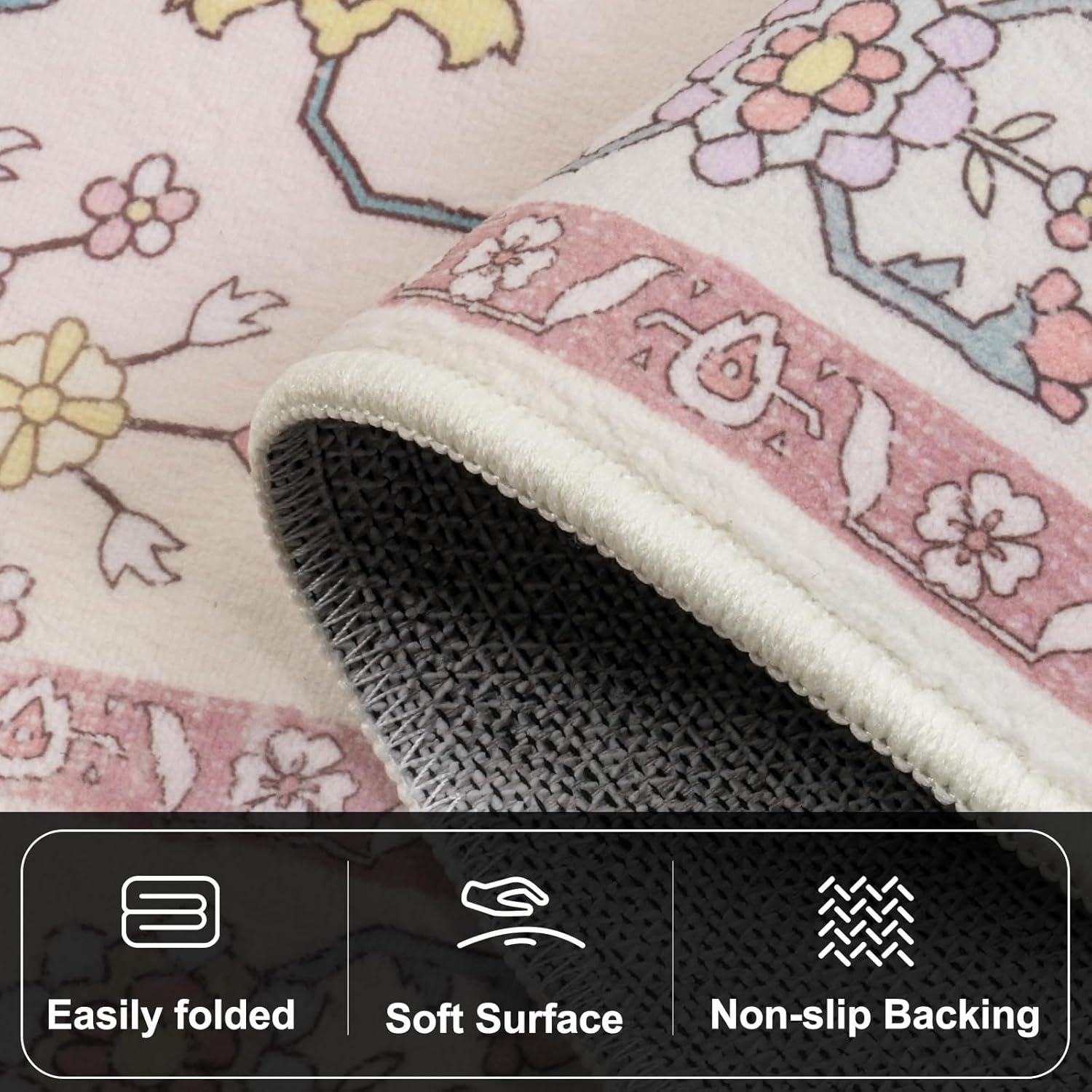 MOSISO 2x6 Area Rug for Bedroom, Soft Non-Slip Indoor Floor Low Pile Carpet, Classical Flowers Faux Wool Rectangular Washable Area Rugs for Home Decor Bedroom Dining Living Room Entryway, Pink