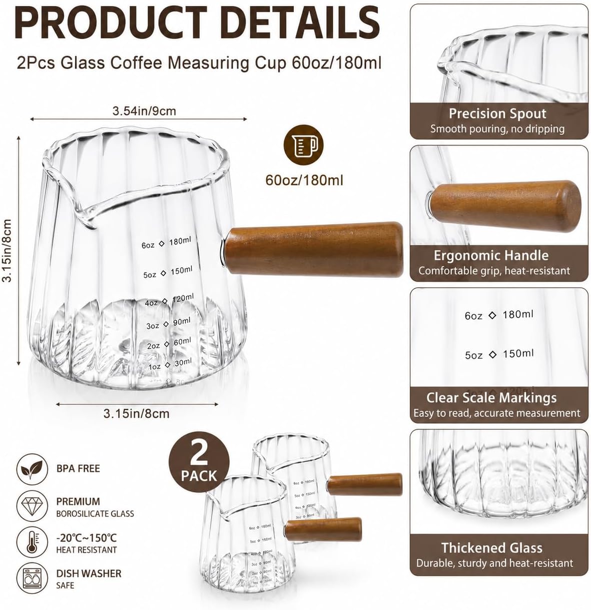 2 PCS Espresso Shot Cups, 6 Oz Espresso Measuring Cup with Wooden Handle and V-Shaped Spout for Espresso, Coffee, Milk Frothing, Tea, Syrup Serving
