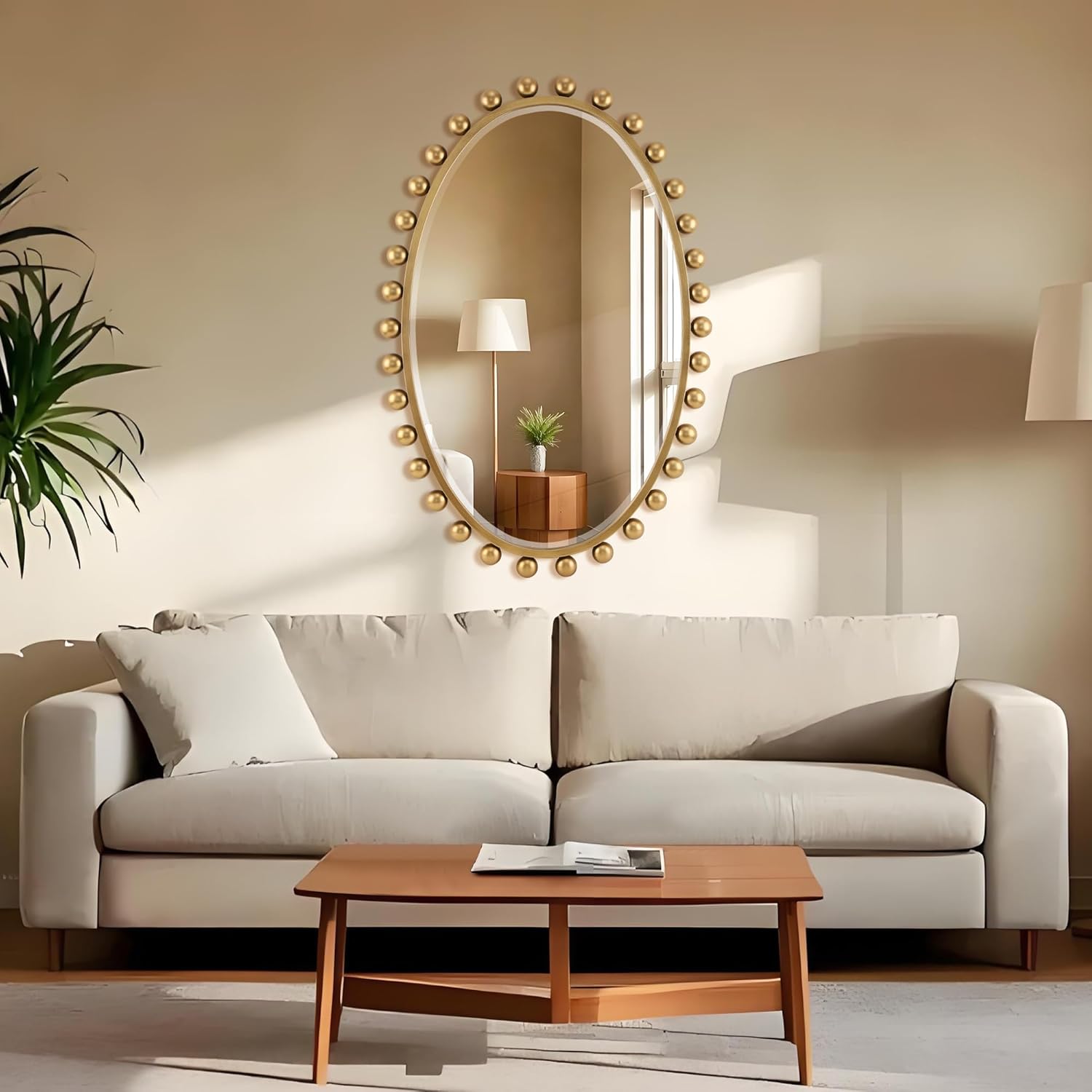 24"x36"Oval Wall Mounted Bathroom Mirror with Beveled Glass, Antique Gold Beaded Ball Frame, Vertical & Horizontal Hanging Vanity Wall Mirror for Bathroom, Bedroom, Entryway, Dressing Room