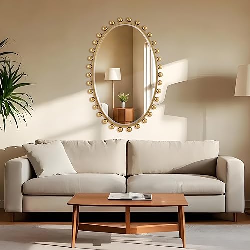 Miniatura 7 de Espejo ovalado de oro antiguo, único con vidrio biselado y marco de bola, espejos decorativos grandes con cuentas de 24 x 36 pulgadas para baño,