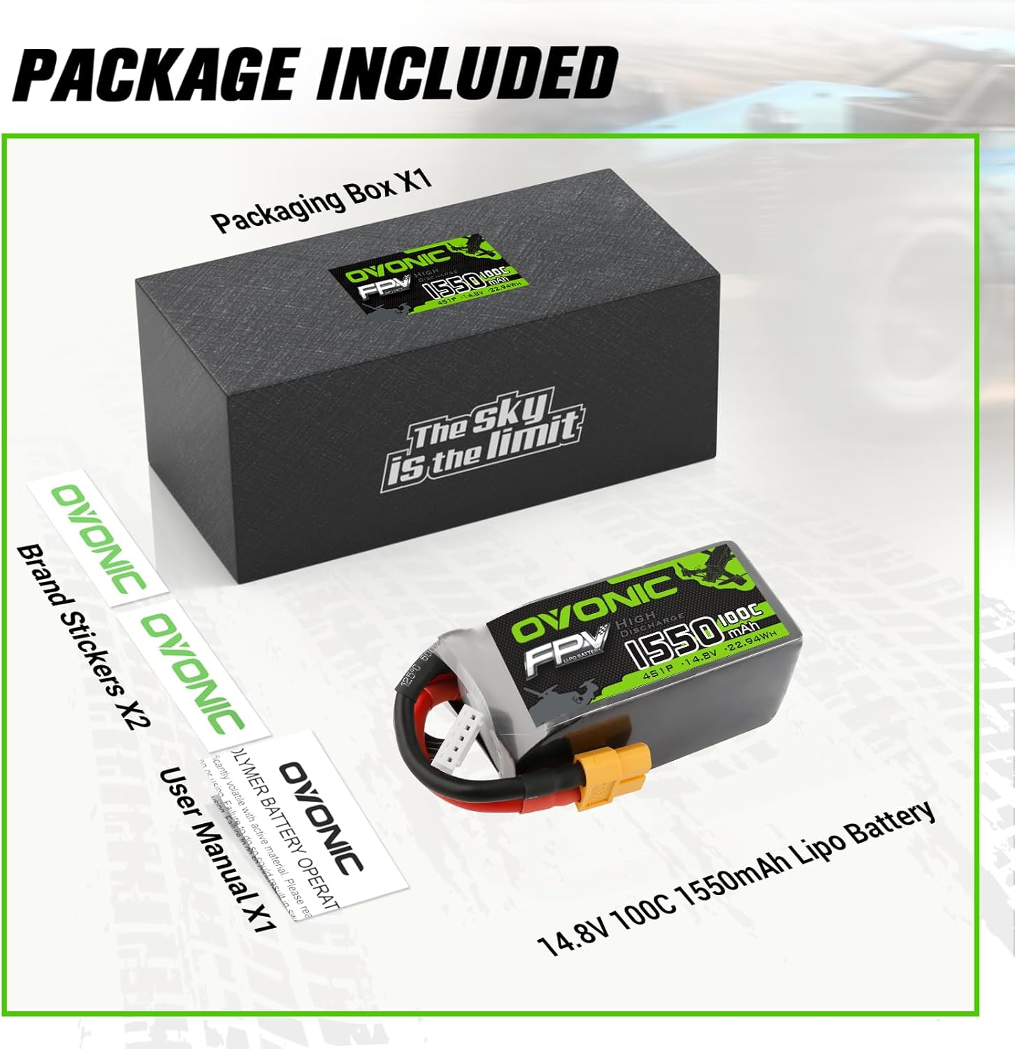 OVONIC 4s Lipo Battery 100C 1550mAh 14.8V Lipo Battery with XT60 Connector for RC FPV Racing Drone Quadcopter (Pack of 2)