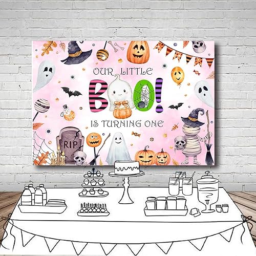 Miniatura 10 de MEHOFOND Telón de fondo de Halloween Boo de 2 cumpleaños de 7 x 5 pies, Our Little Boo is Turning Two Background Blush Pink Watercolor Happy Booday