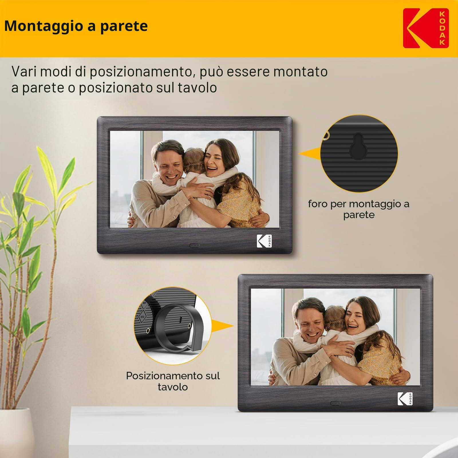 KODAK Cornice digitale da 7 pollici, cornice elettronica, schermo IPS, foto/musica/lettore video, calendario/allarme, supporto USB o scheda SD, rotazione automatica, con telecomando
