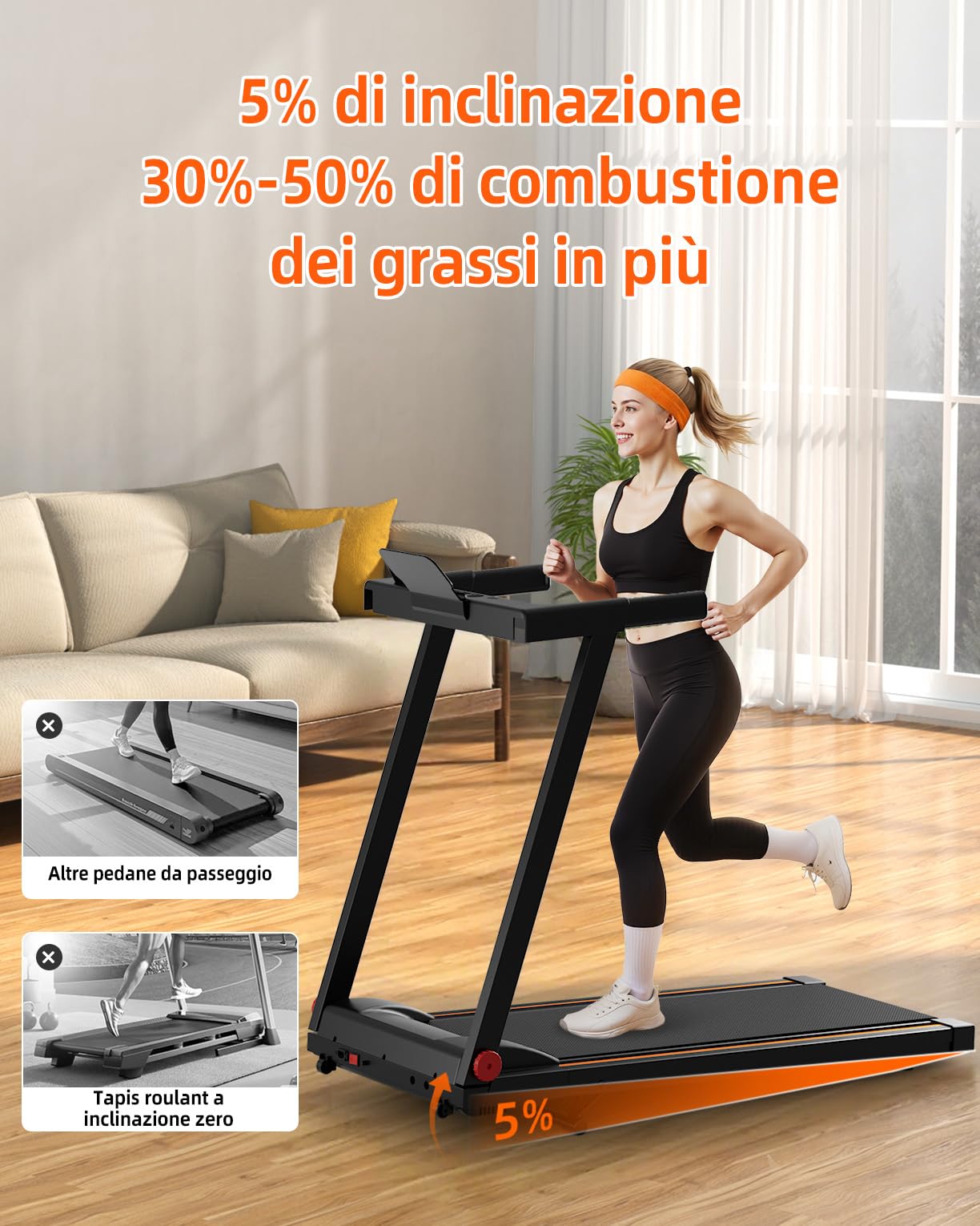 Superun Tapis Roulant Pieghevole, Motore 3,0 CV, Inclinazione 5%, Velocità 12 km/h, Area Corsa 100×42 cm, Portata 136 kg, Controllo APP, Programmi HIIT e MIIT per Uso Domestico