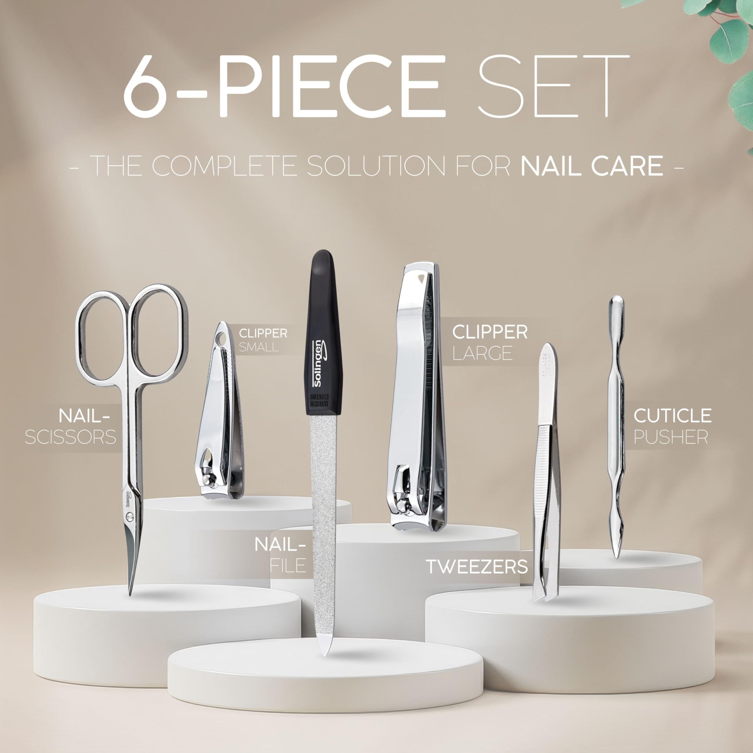 Solingen Set per Manicure da Uomo e Donna – Kit Professionale da 6 Pezzi. Include Forbicine e strumenti per Mani e Piedi con Custodia da Viaggio. Ideale per una cura precisa ed elegante delle Unghie