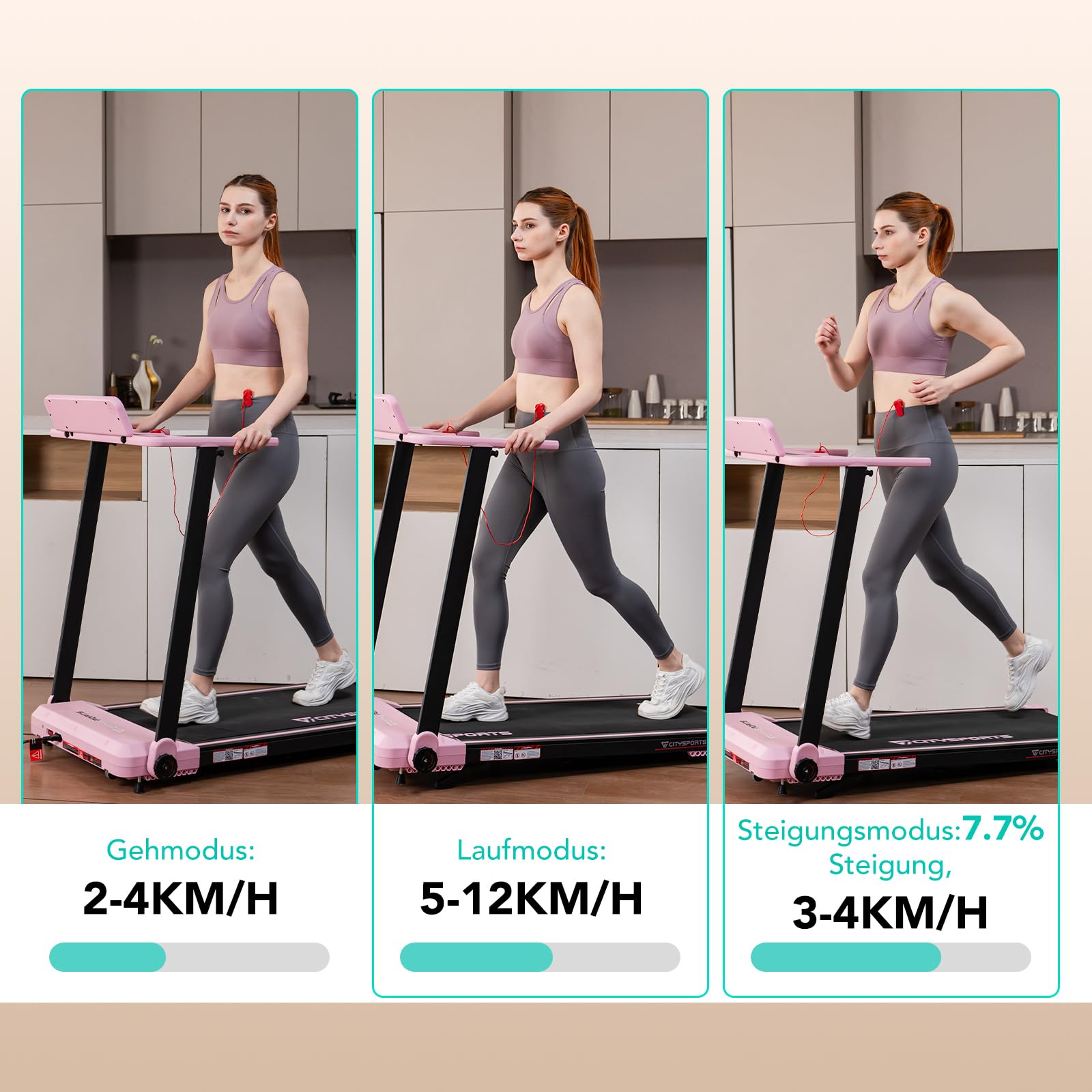 CITYSPORTS Elektrisches Laufband,Klappbares Laufband für Zuhause bis 12 km/h,mit LED-Anzeige,APP und 360° Tablet Holder,kompakte Walking Pad für Zuhause und Büro (Pink)