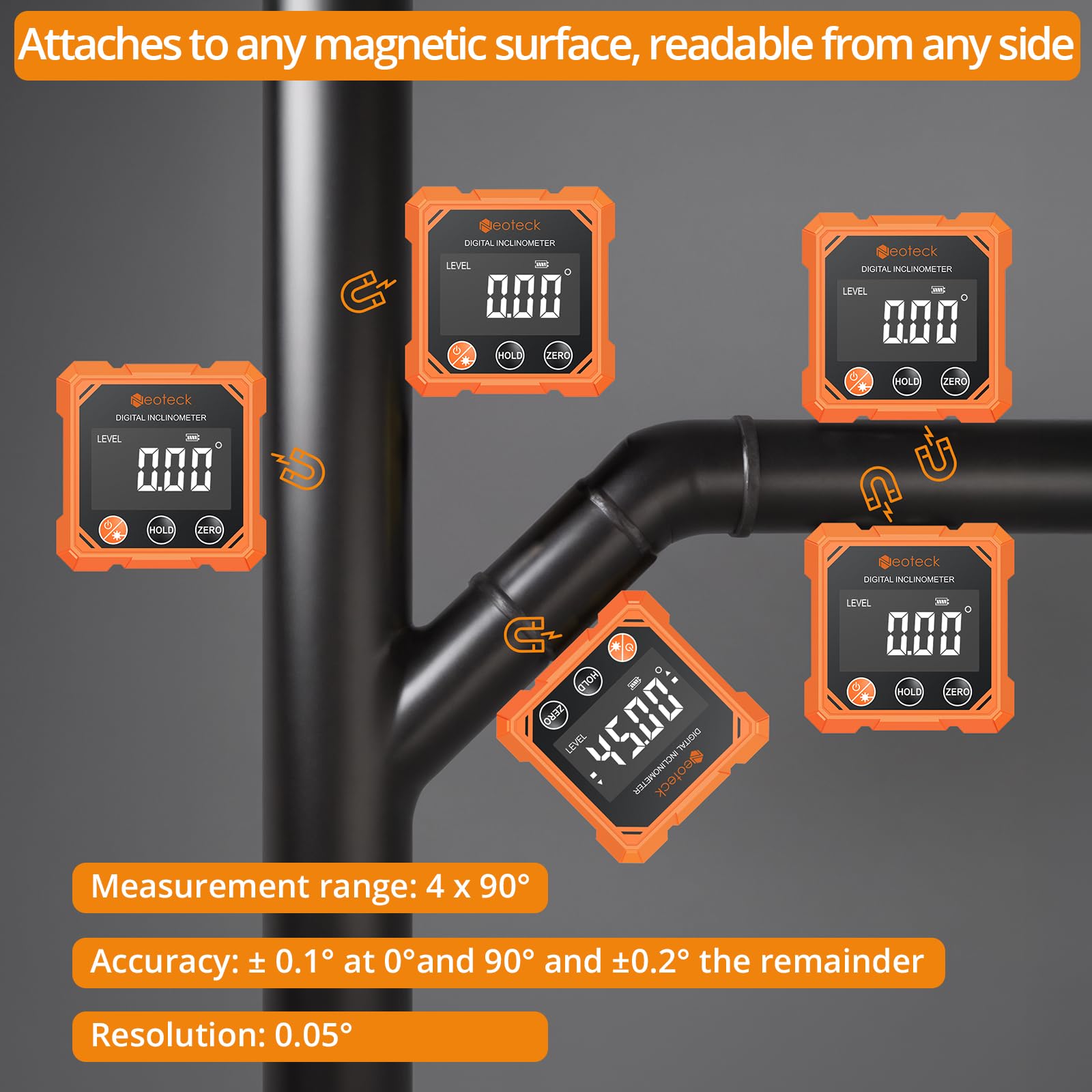 Neoteck 4-Side Magnetic Digital Angle Finder with Laser (Class 2,<1mW Output) 4x90°Angle Finder Tool Rechargeable Digital Angle Gauge with Backlight Screen Laser Level for Construction Decorations - 4