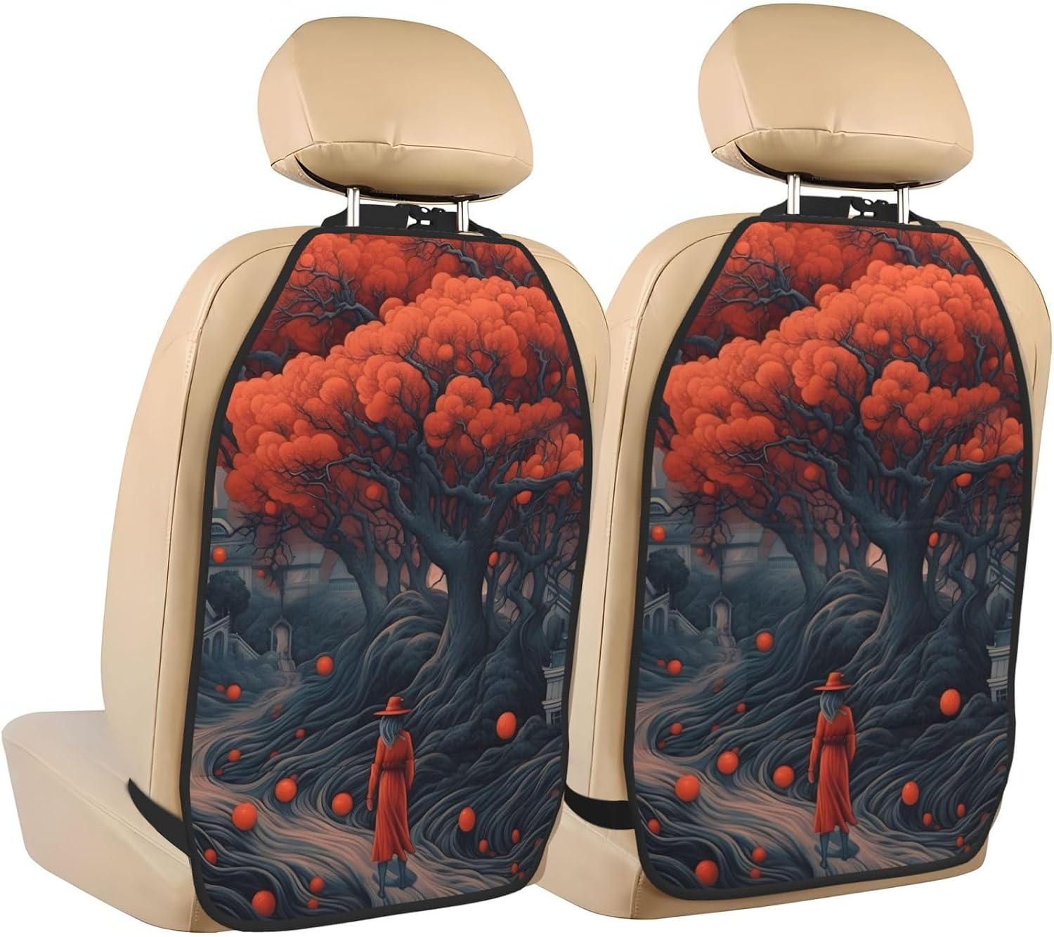Car Seat Back Kick Protector 2 Pack 18.5x26.4 Inch, Vintage Orange Tree Anti-Kick Pad, Waterproof Oxford Fabric Large Rear Seat Cover for Kids Pets Fits SUV Jeep Truck Sedan