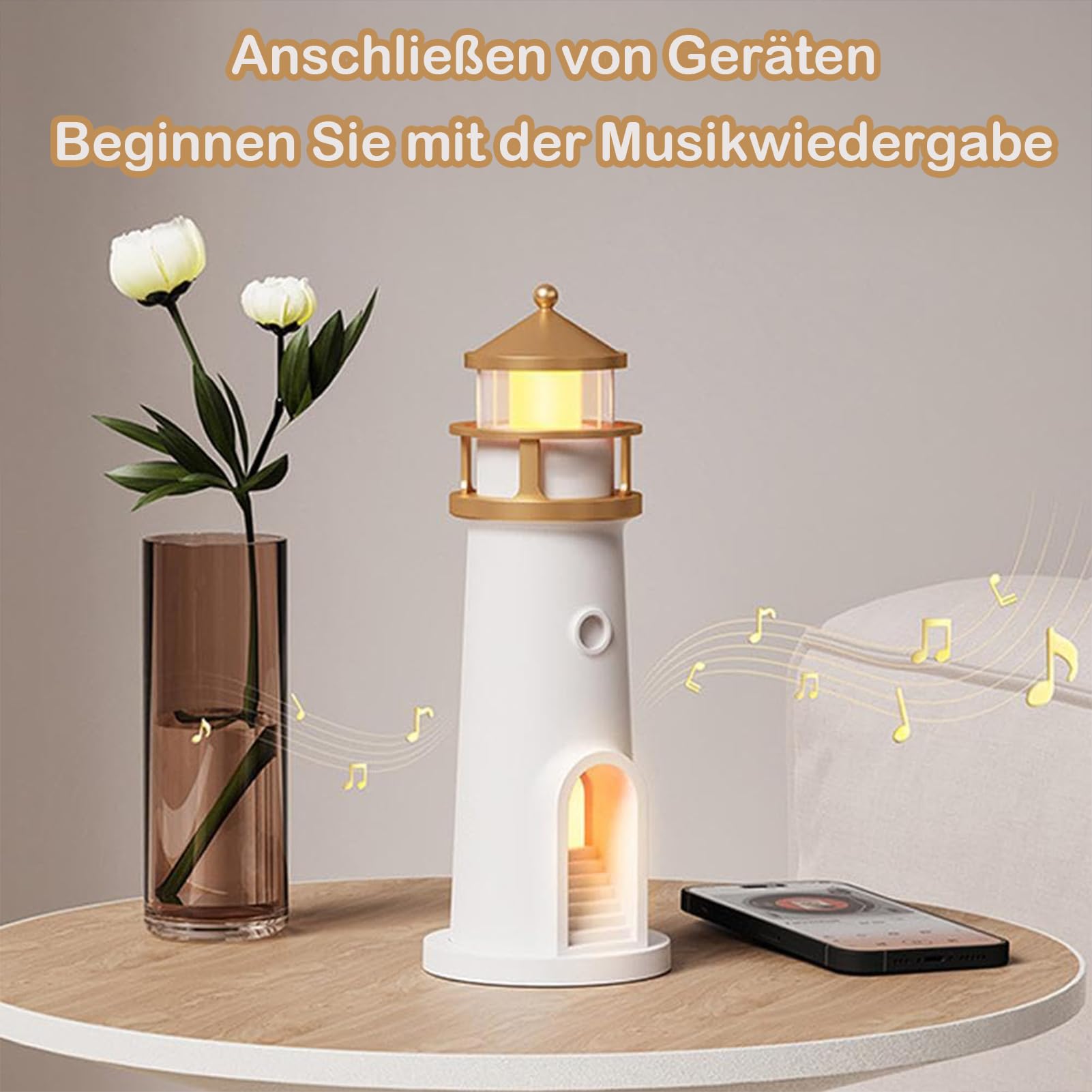 DAZZTIME Phare Décoratif Avec Projection Lune - Bluetooth, Télécommande Et Lumière LED - Ambiance Cosy