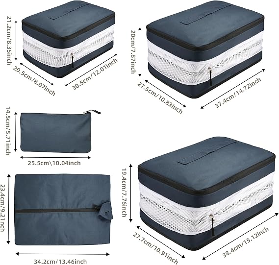 5 Set Compression Packing Cubes for Suitcases, Travel Organiser for Carry on Hand Luggage Newest Double Sided Expandable Packing Bags with Shoes Bag (Navy)