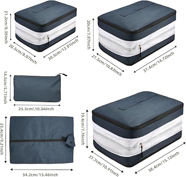 5 Set Compression Packing Cubes for Suitcases, Travel Organiser for Carry on Hand Luggage Newest Double Sided Expandable Packing Bags with Shoes Bag (Navy)