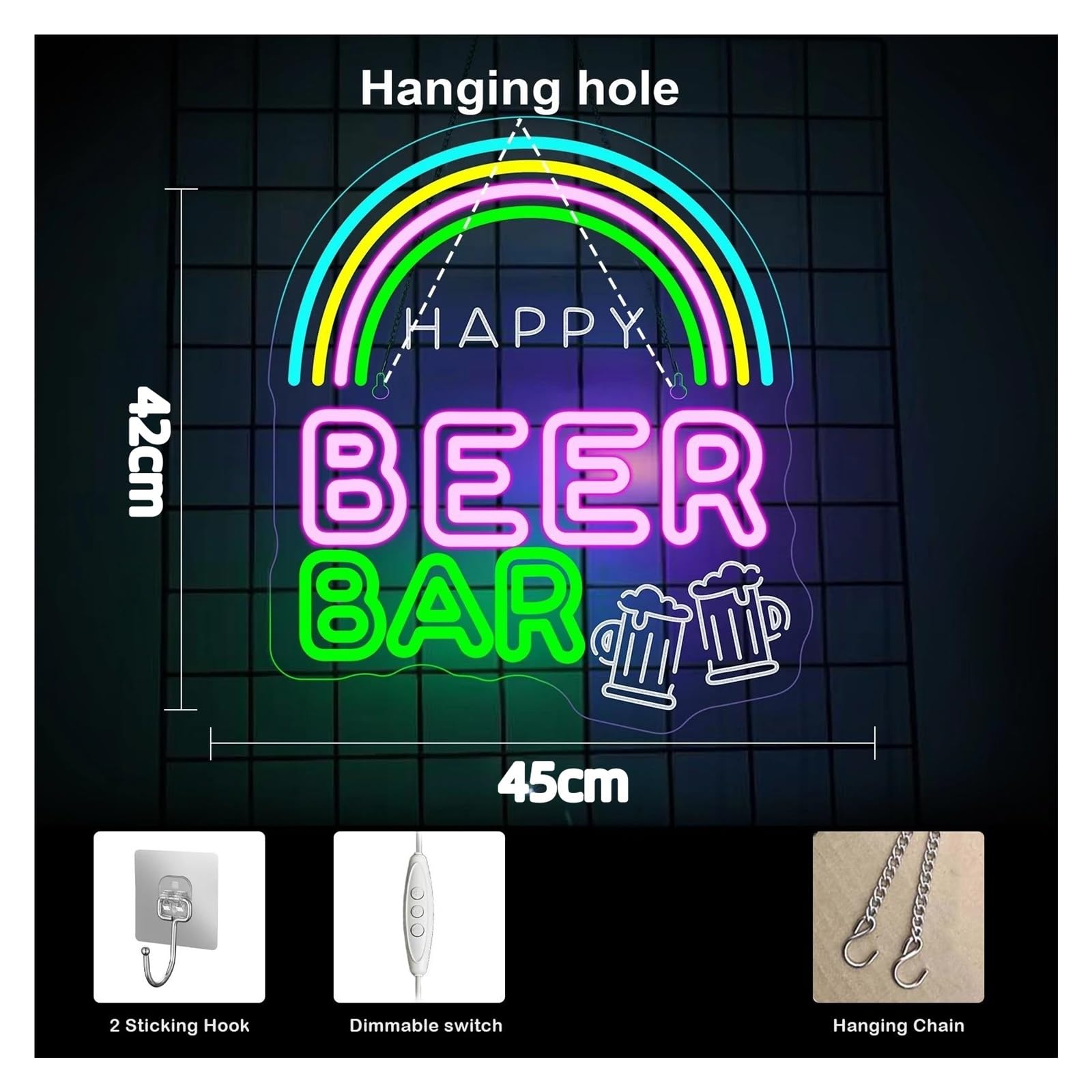 Decoración Lámparas Letrero De Neón Happy Beer Bar Con Luz LED Regulable Y Alimentación Por USB Para Bar, Pub, Fiesta, Club, Decoración De Pared, 45cmx42cm