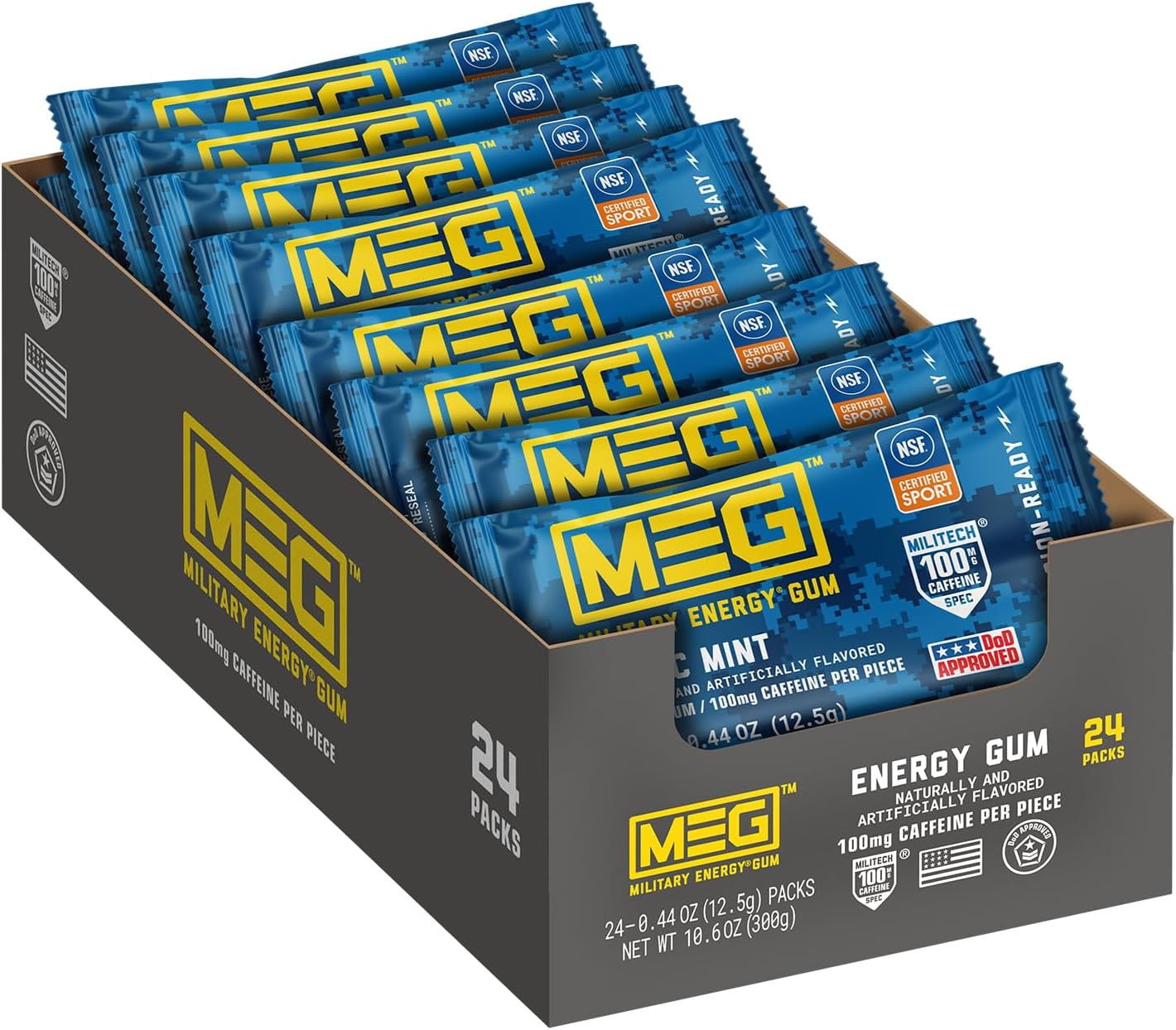Military Energy Gum | 100mg of Caffeine Per Piece + Increase Energy + Boost Physical Performance + Arctic Mint 24 Pack (120 Count)