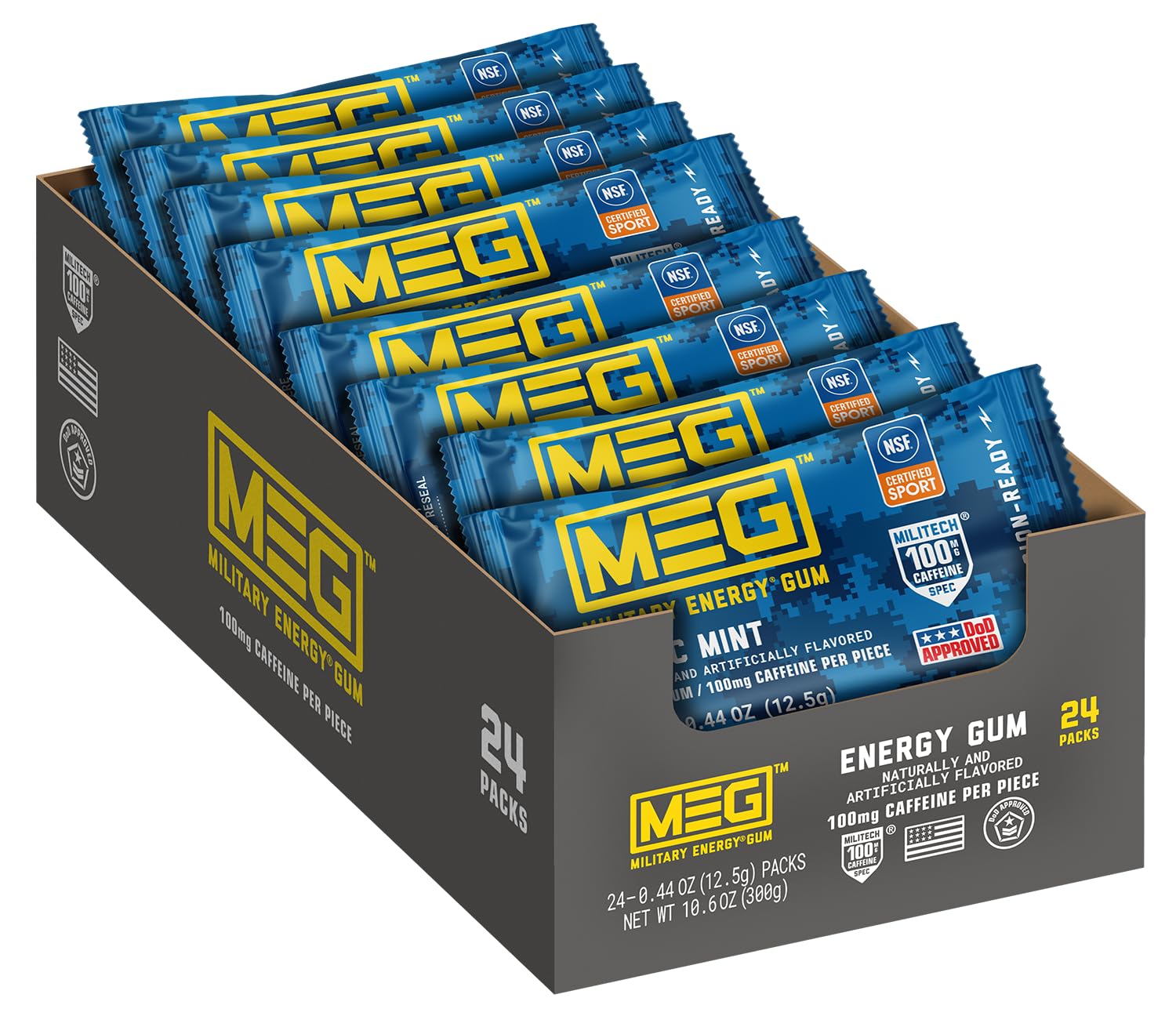 MEG (Military Energy Gum) - Arctic Mint | Enhance Your Physical Performance with 100mg of Caffeine Per Piece, Ultimate Energy Boost for Workouts, Alternative to Energy Drinks | NSF for Sport® Certified - Pack of 24