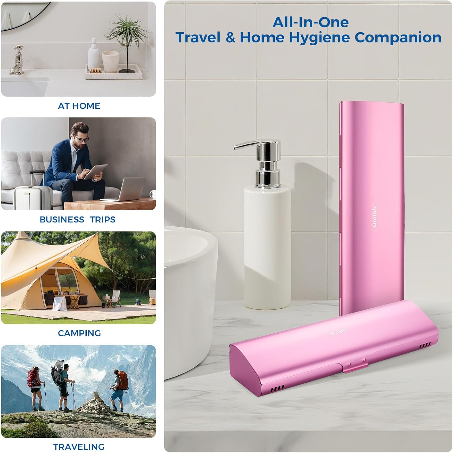 Aluminum Electric Toothbrush Travel Case, 2 in 1 Travel Toothbrush Holder for Oral B/Oral-B Pro 1000 1500 5000 7000 and Most Electric Toothbrush for Traveling, Removable Silicone Liner-Pink