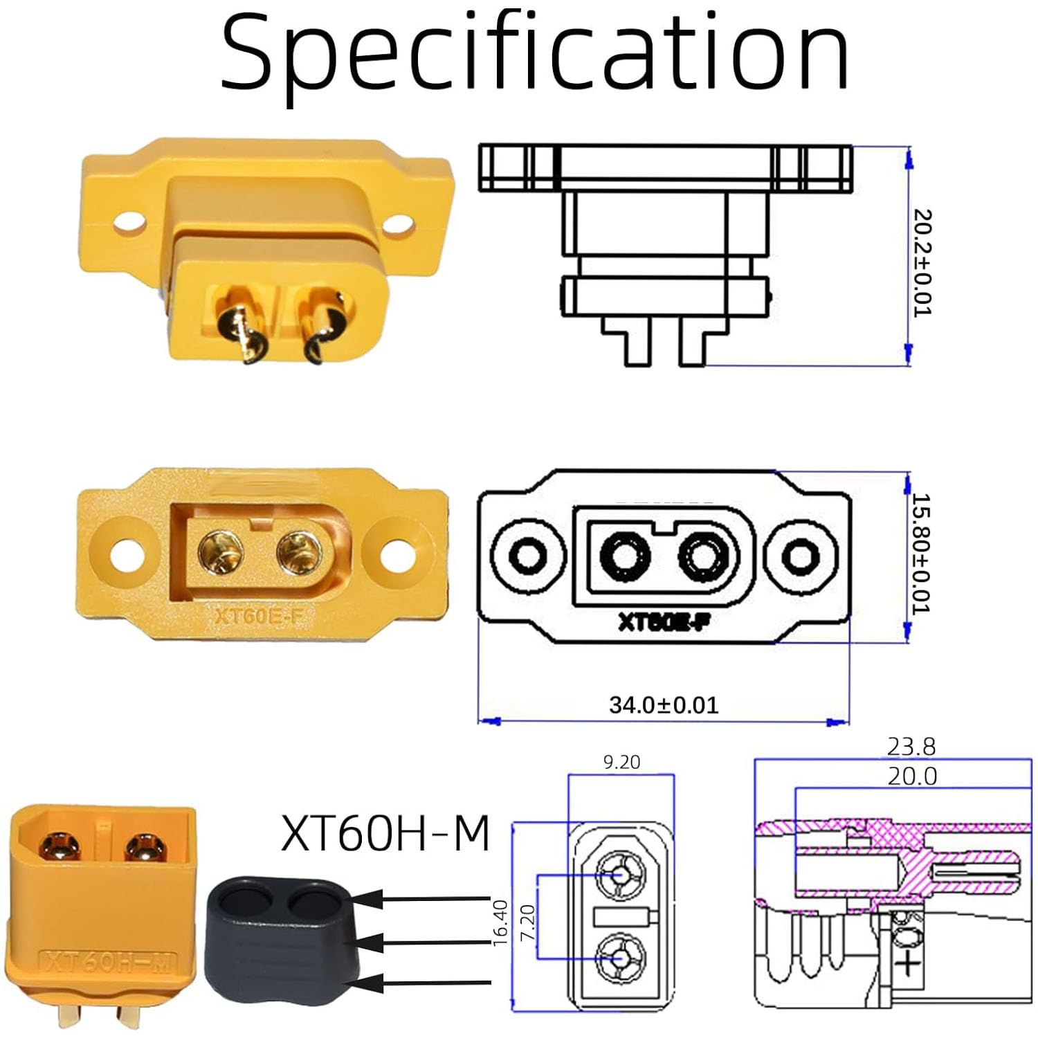 10 Connettori Femmina Amass XT60E-F Montabili A Pannello Per Drone, Modellismo RC, Multicopter - 30A, 60A Picco