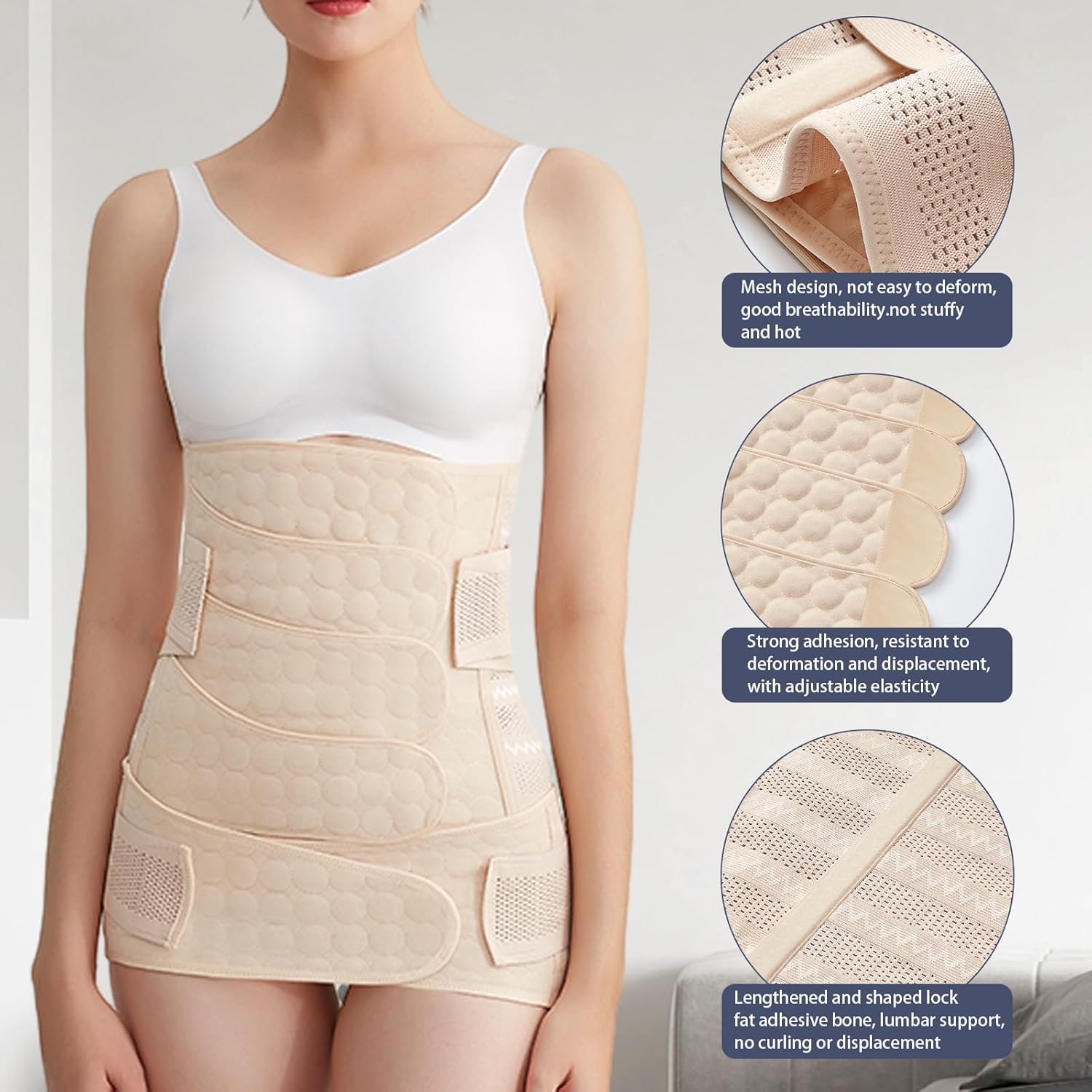 4 Patch Ceinture Post Accouchement M L XL XXL, Antidérapante Non Enroulable, 3 en 1 Ceintures Femme avec Ceinture Abdominale Pelvienne Taille, Gaine Post Partum Ventre Plat, Waist Trainer
