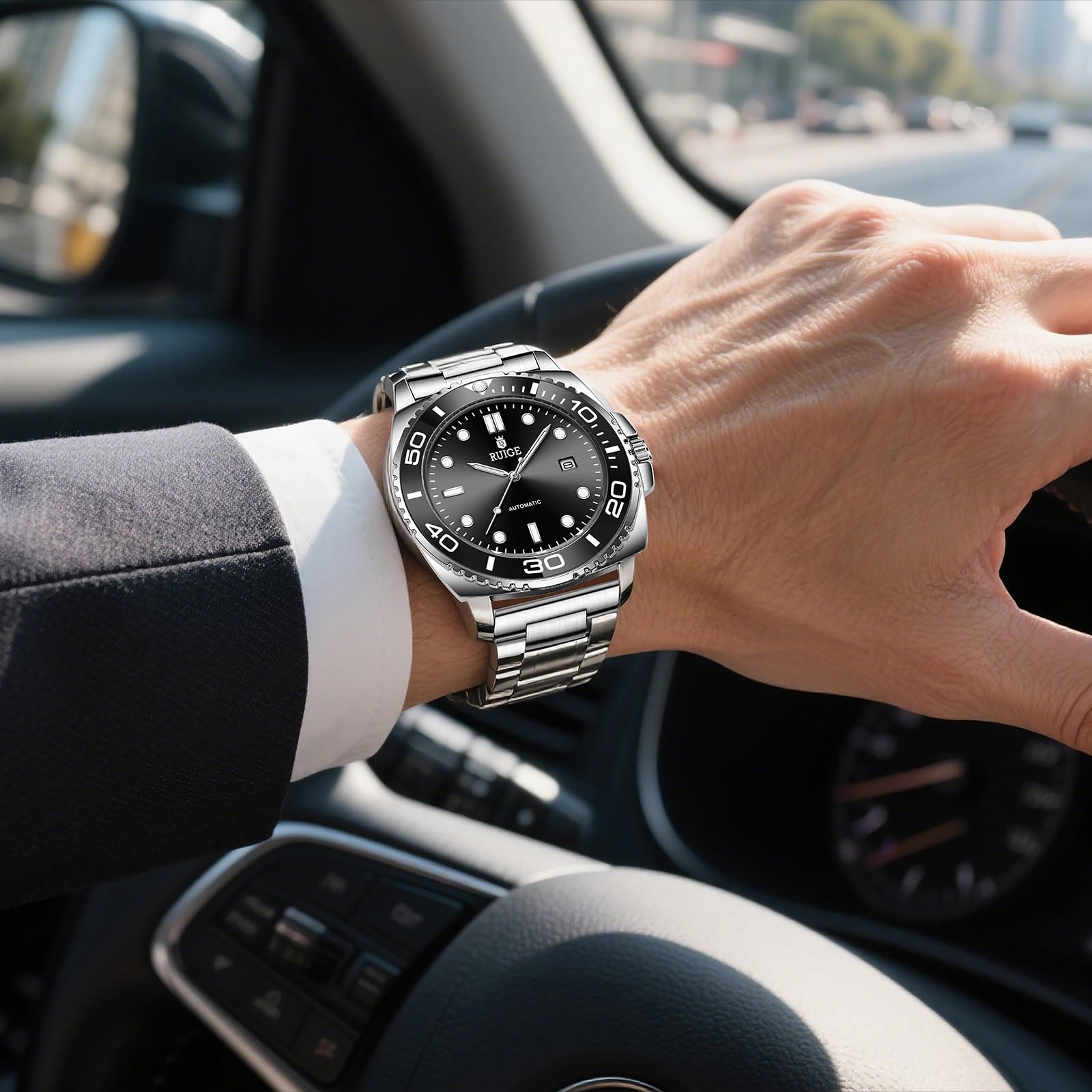 RUIGE Orologio meccanico completamente automatico da uomo, con calendario in acciaio inox, lunetta girevole, alla moda, alla moda, luce notturna, impermeabile, A8-2