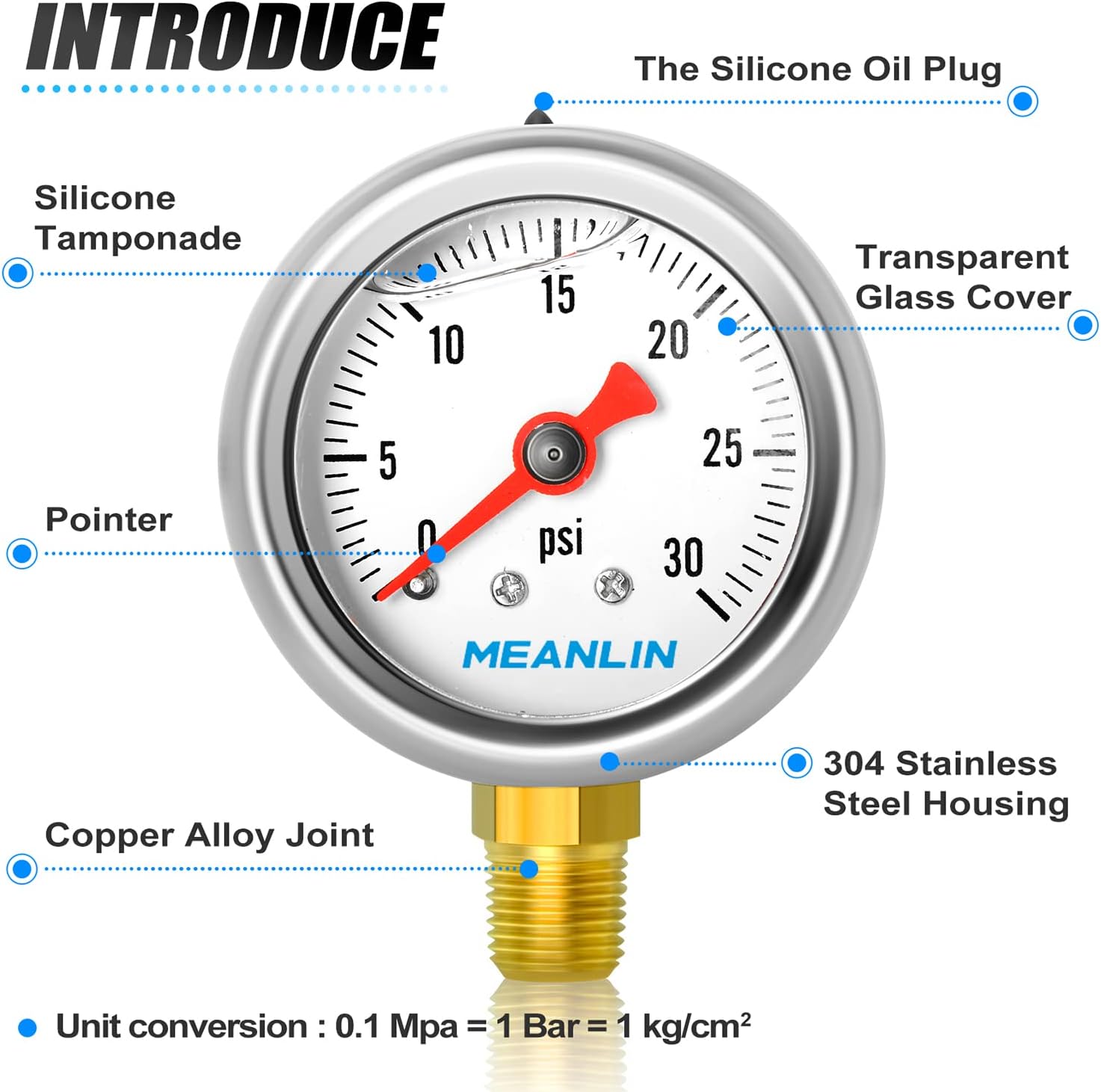 MEANLIN MEASURE 0~30Psi Stainless Steel 1/8" NPT 1.5" FACE DIAL， Glycerin Filled Fuel Pressure Gauge， Liquid Filled Pressure Gauge WOG Water Oil Gas Lower Mount : Industrial & Scientific