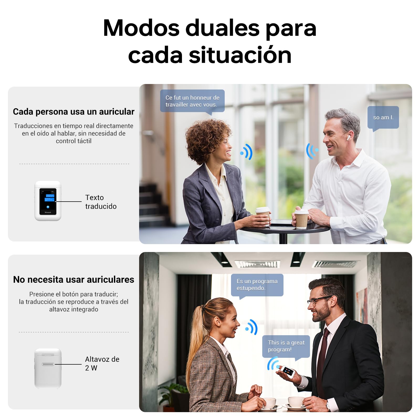 ANFIER Audífonos traductores A8 sin conexión en tiempo real, no requiere aplicación, uso independiente, dispositivo traductor de idiomas para 144 idiomas y acentos para viajes de negocios y uso diario