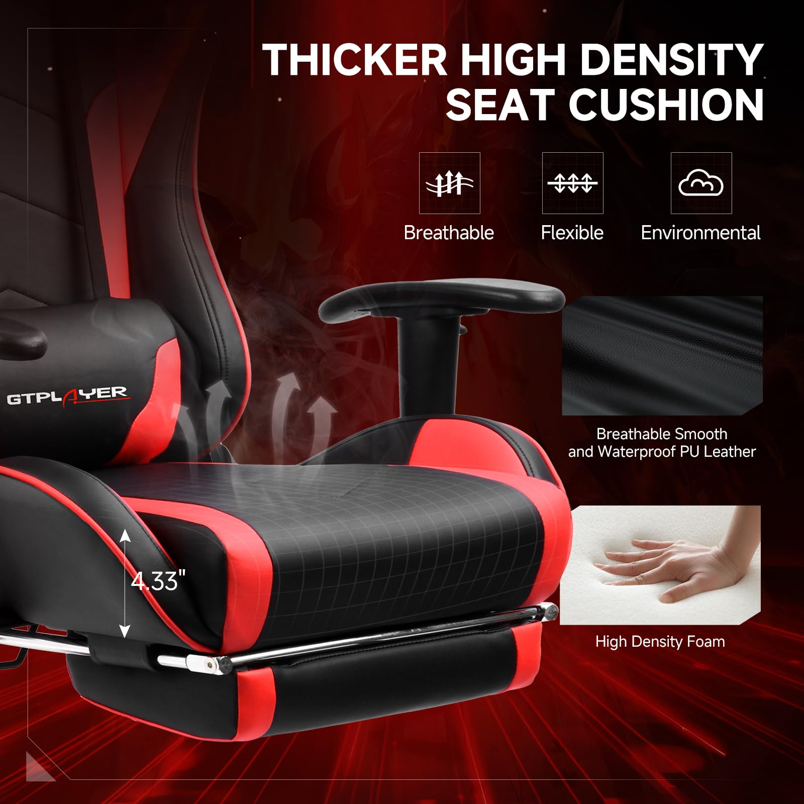GTPLAYER Sedia da gioco con altoparlanti Bluetooth, schienale e altezza regolabili, braccioli 3D, poggiapiedi, sedia ergonomica per computer per giocatori (rosso mattone)
