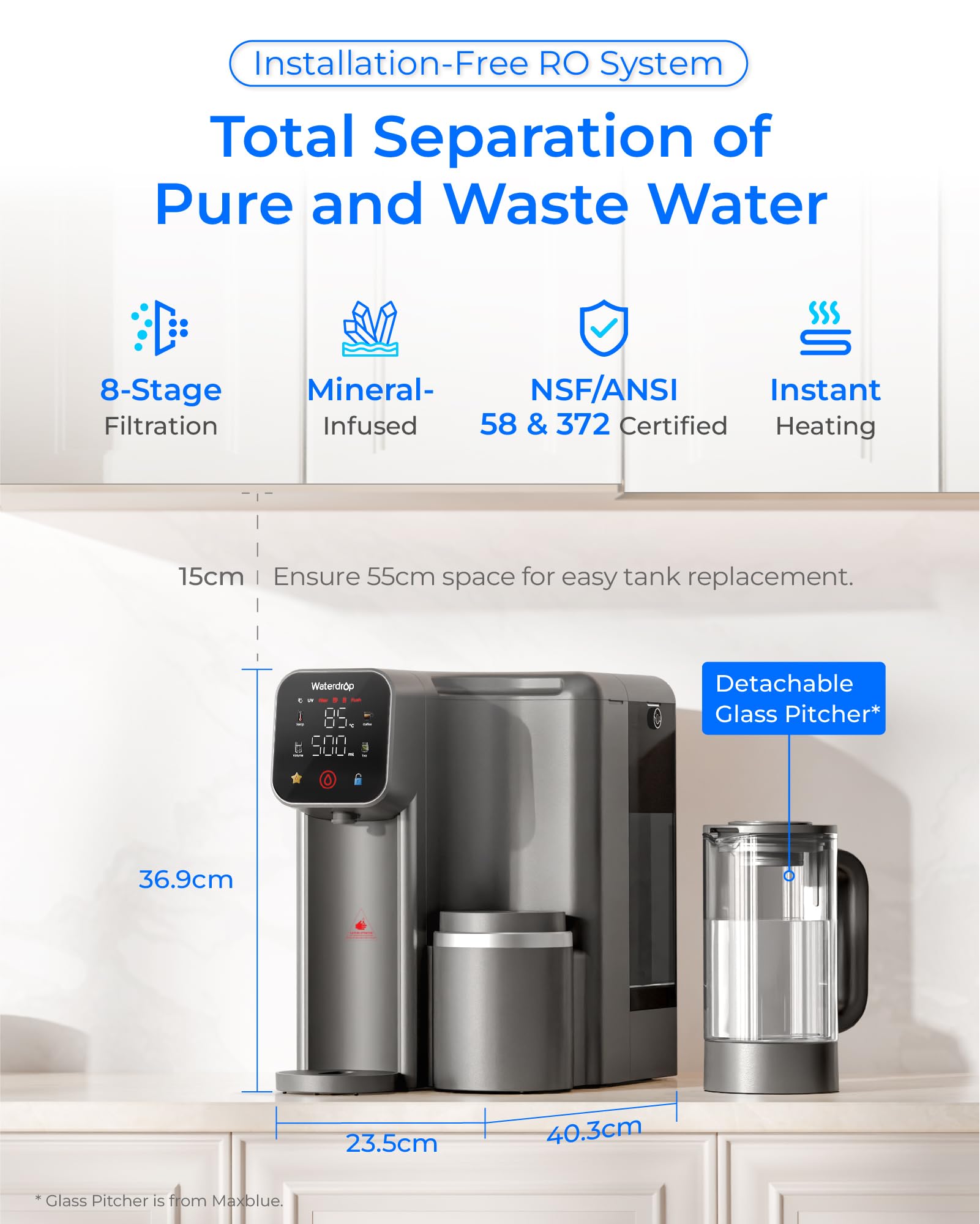 Waterdrop M6HG Mineralizzata Osmosi Inversa, Acqua Calda Istantanea, Certificato NSF/ANSI 58 & 372, 8 Stadi di Filtrazione, Rapporto Acqua Pura/Scarico 3:1, 5 Temperature, Caraffa in Vetro, Senza BPA