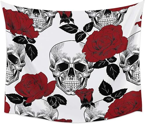 Miniatura 2 de Tapiz de Halloween para colgar en la pared, diseño de calavera y rosa roja, tapiz estético de esqueleto, flores florales, tapiz para dormitorio,