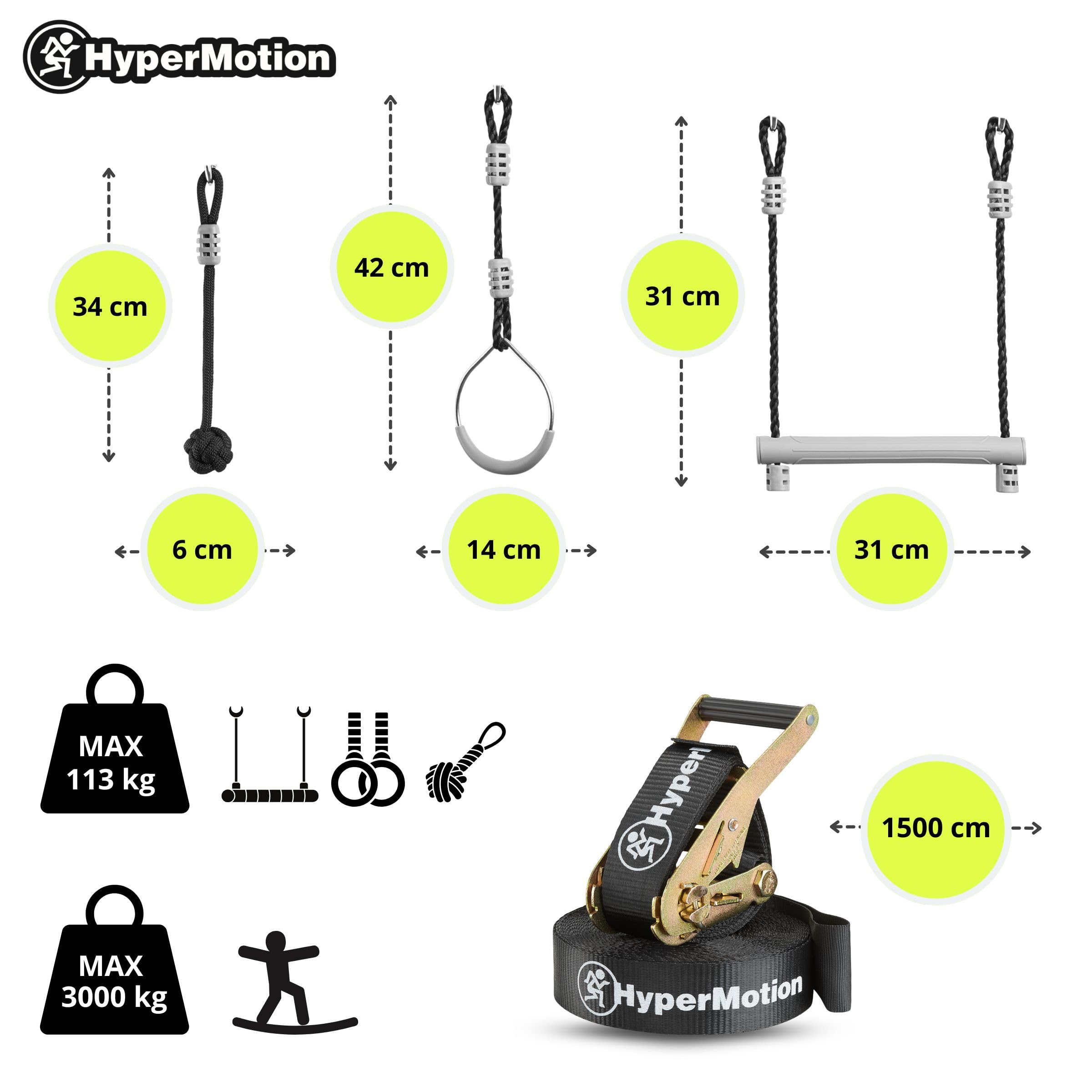 HyperMotion Tor Przeszkód Ninja Dla Dzieci Zestaw Slackline – 7 Przeszkód Z Kółkami Małpimi Pięściami I Drążkami – Udźwig Do 113 kg – Do Ogrodu – Outdoor Zabawa Ruchowa Dla Dzieci I Młodzieży