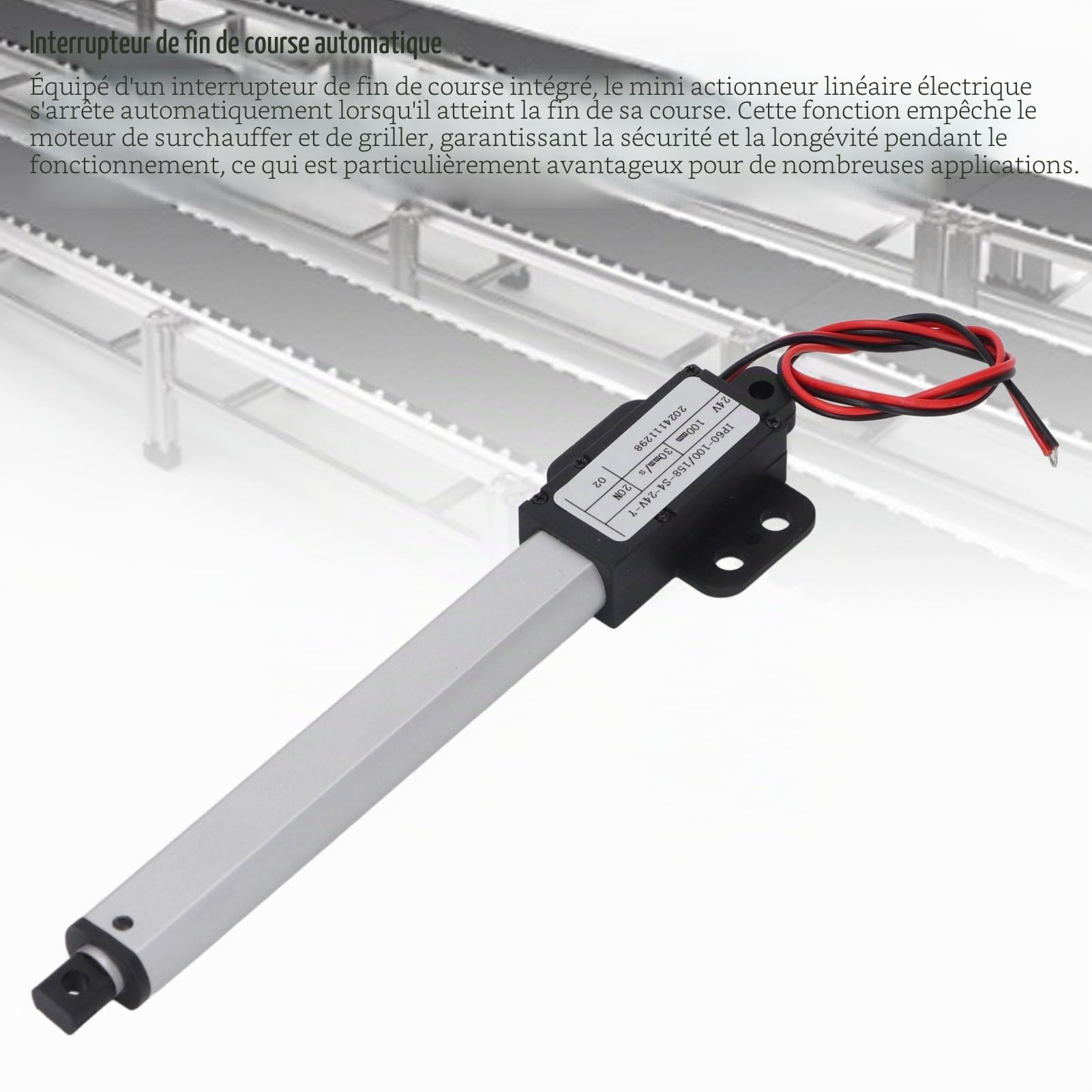 Ausla Actionneur Linéaire Électrique, 24V, 20N, Course 100mm, Vitesse 30mm/s, Aluminium et ABS, Protection IPX4