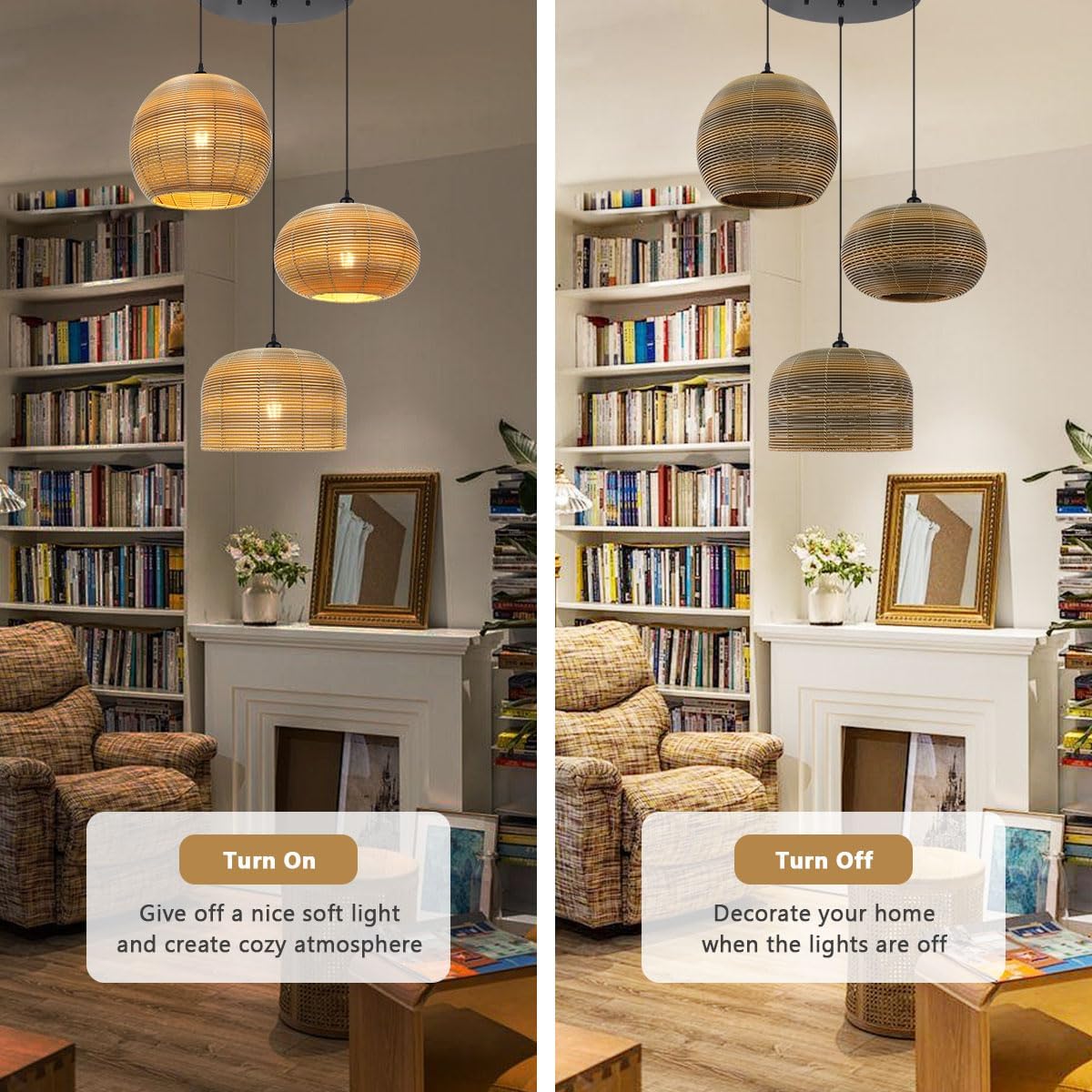 3-Light Chandelier Vintage Rattan Pendant Light Fixtures Hand Woven Boho Rattan Light Fixtures Ceiling Hanging, Farmhouse Chandelier for Dining Room Kitchen Island Bedroom