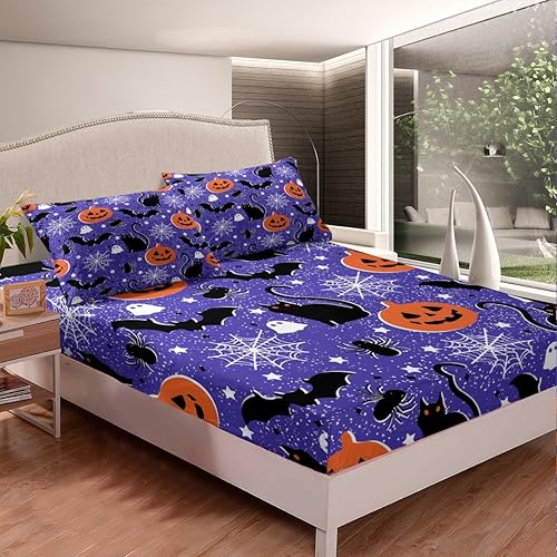 Vista 134 de Juego de sábanas bajeras con bonito diseño de gato negro para niños y niñas, diseño de dibujos animados de Halloween, gato, animales, sábanas