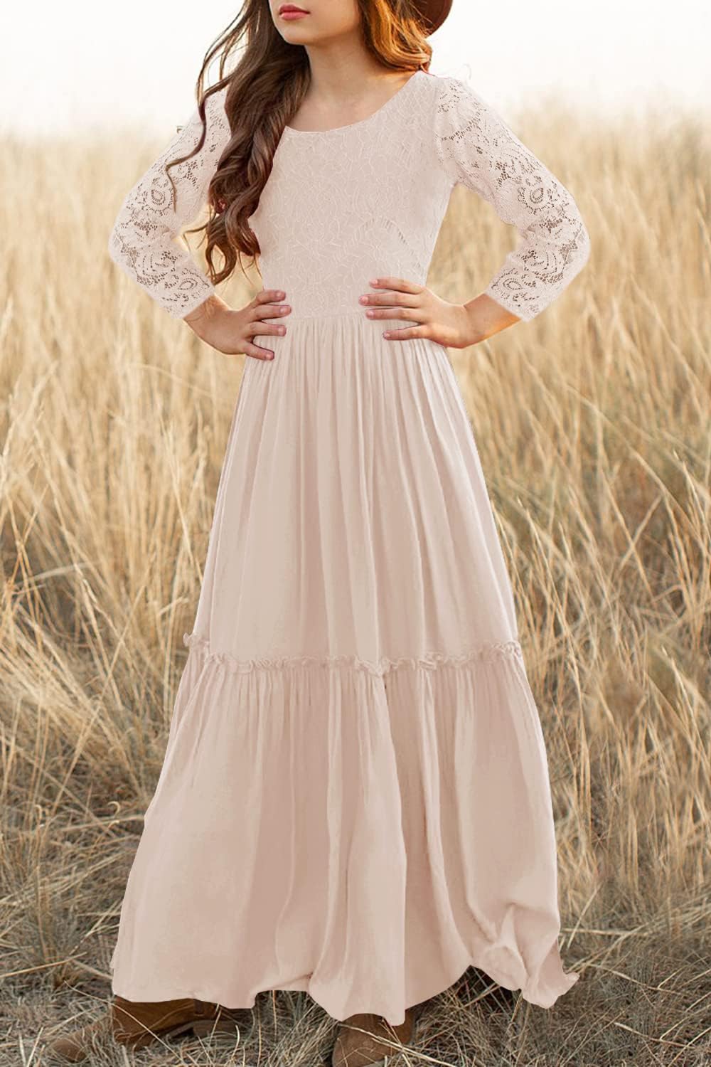 MITILLY Girls Lace Flower Ruffle Sleeve A-Line Swing Wedding Party Maxi Dress with Pockets - Image 2