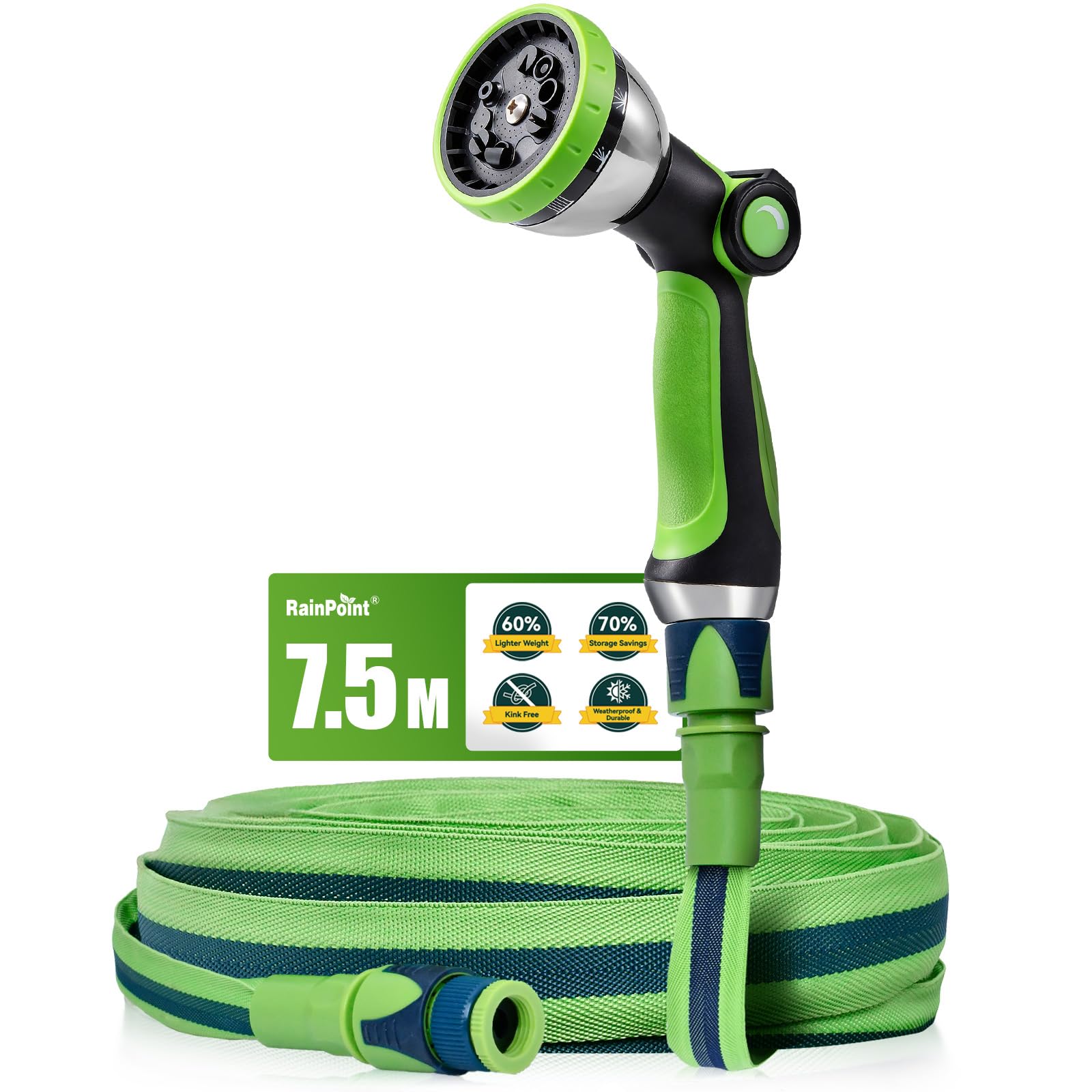 RAINPOINT Gartenschlauch Flexibel 7,5m, Leichtgewicht-Wasserschlauch mit TPE-Innenschlauch, 800D Oxford-Gewebe, 30 Bar Berstdruck, Knickfrei, 10-Funktionen Gartenbrause, 1/2