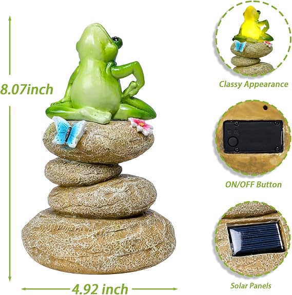 Solar Frog Statue Outdoor Garden Decor, Lighted Yoga Frog for Pond Decor | Frog Solar Lights with Butterfly and Stones, Novelty Frog Figurine Yard Decoration for Patio Yard Porch and Gardening Gift