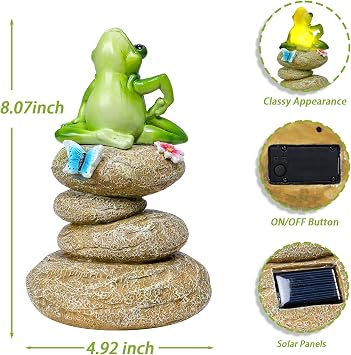 Solar Frog Statue Outdoor Garden Decor, Lighted Yoga Frog for Pond Decor | Frog Solar Lights with Butterfly and Stones, Novelty Frog Figurine Yard Decoration for Patio Yard Porch and Gardening Gift