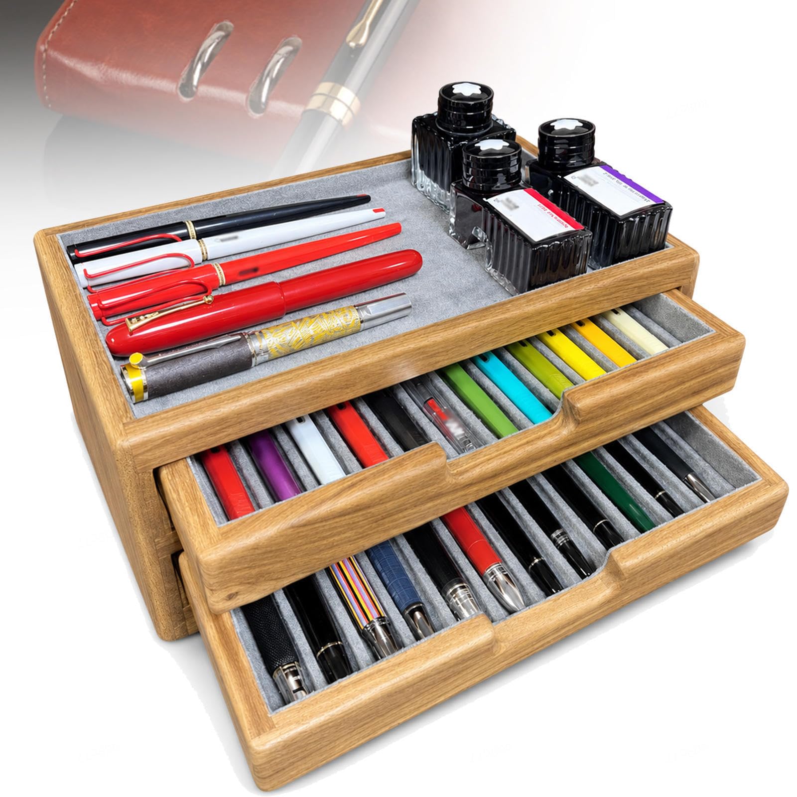 MTTXY Wood Pen Display Box,Fountain Pen Collector Organizer Box with Velvet Trays,2layer