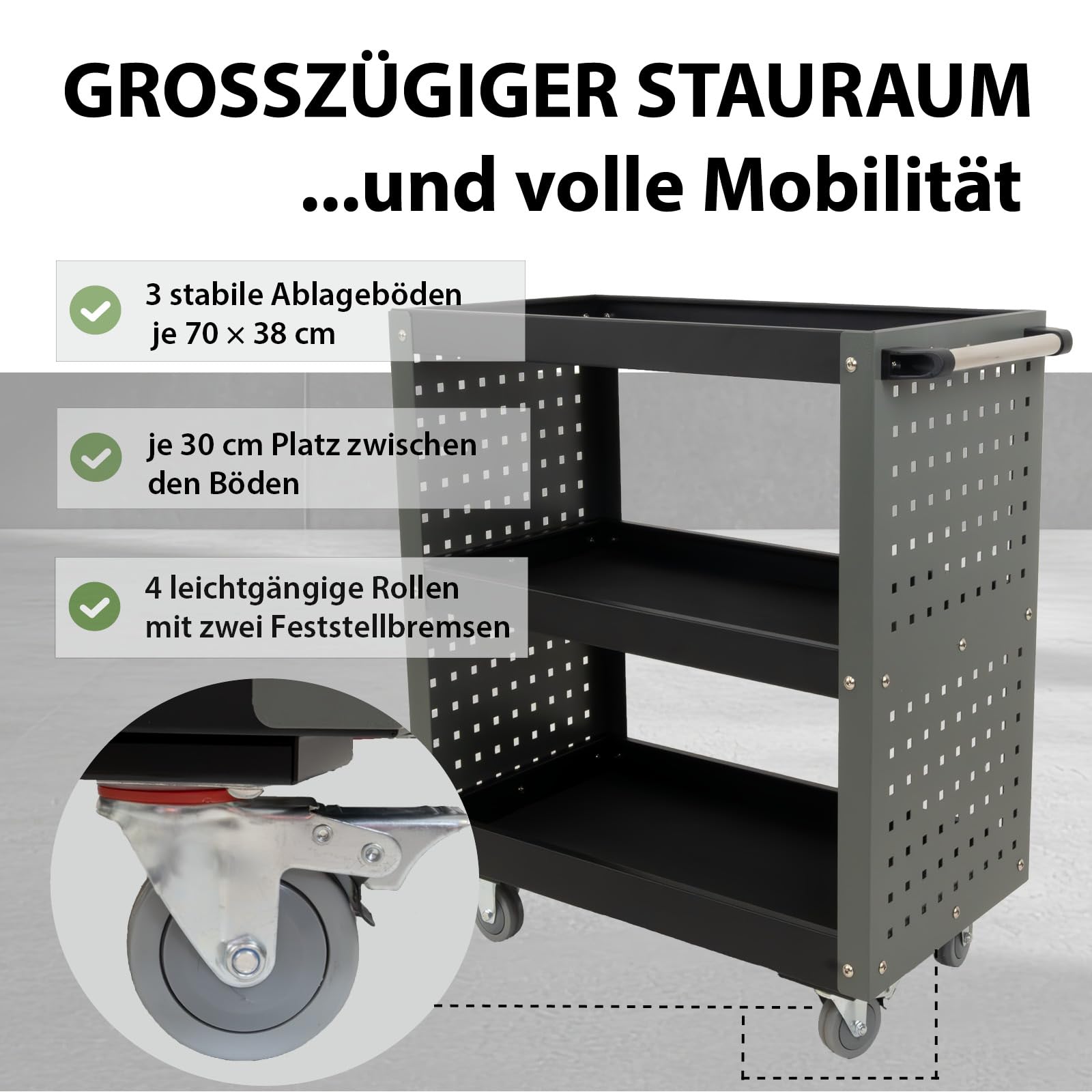 TRUTZHOLM Servicewagen 3 Fächer Werkstattwagen bis 300 kg Traglast 70x39x79 cm auf Rollen, Werkzeugwagen| Rollwagen | Multifunktionswagen | Etagenwagen